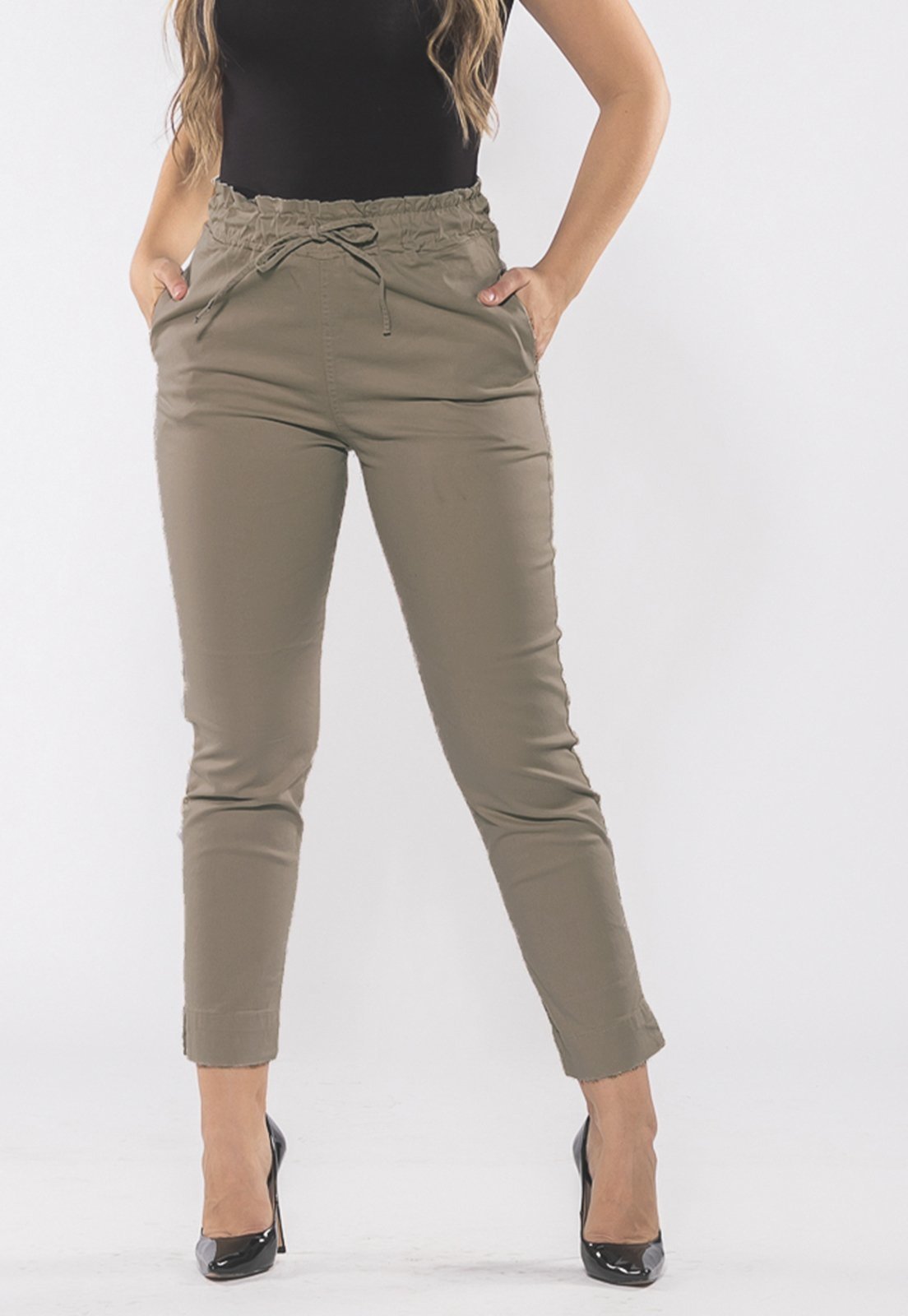 Calça Sarja Skinny Cintura Alta Elástico 3821 Bege