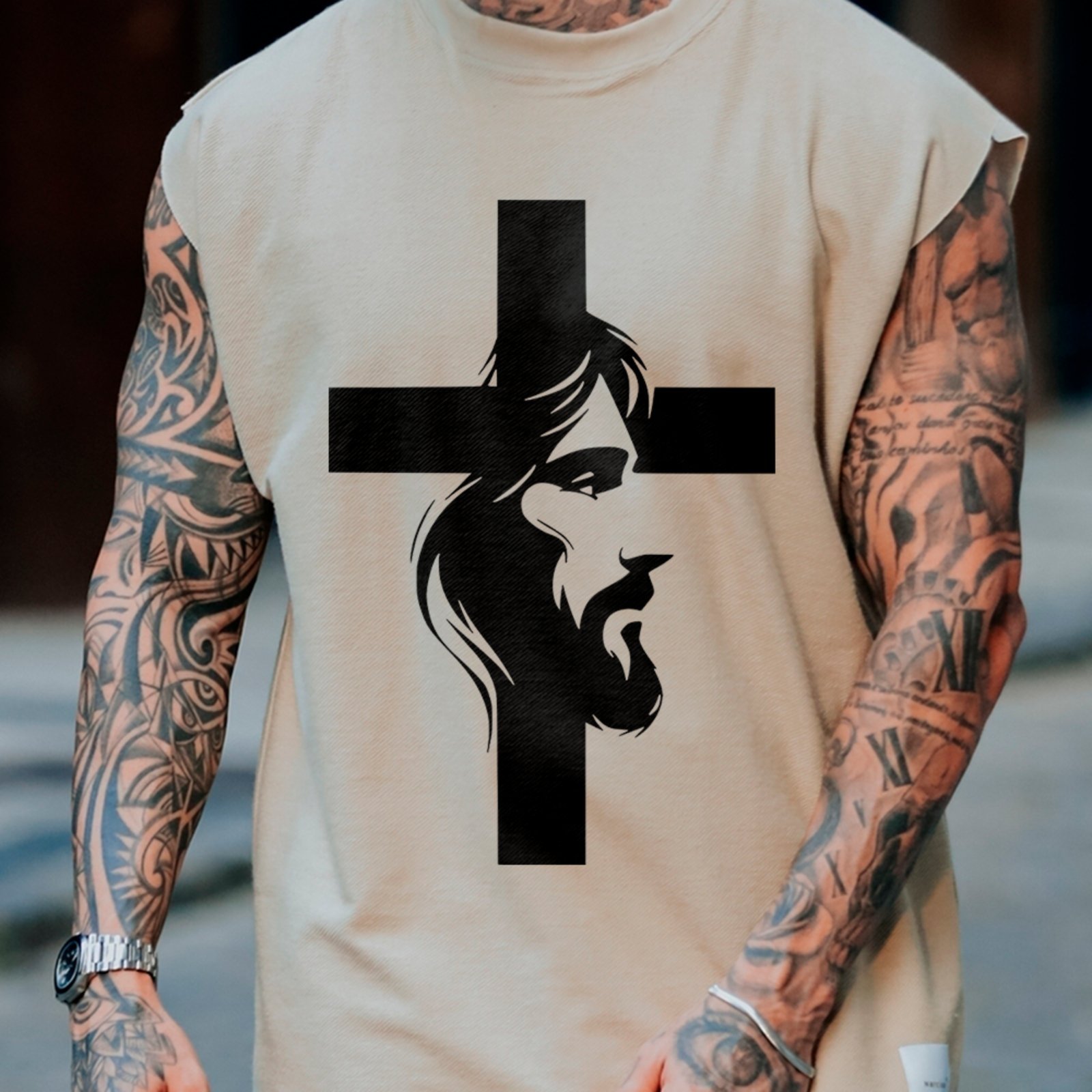 Camiseta Regata Machão Jesus Cruz Religioso Fé Cristã Off White