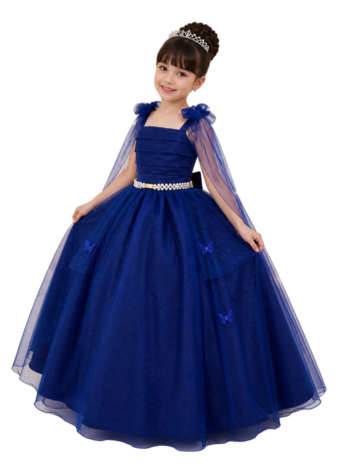 Infantil - Vestido Festa Longo Azul Cobalto Royal Marinho Formatura Casamento Dama Daminha Borboletas Social Menina Juvenil Pérolas Juvenil Princesa Rodado Florista Aniversário Luxo