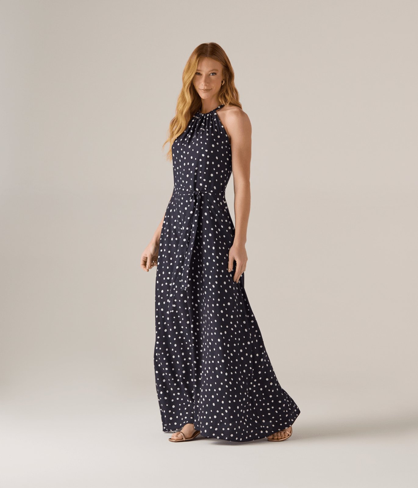 Vestido Makenji Longo Decote Com Amarração Feminino Poá