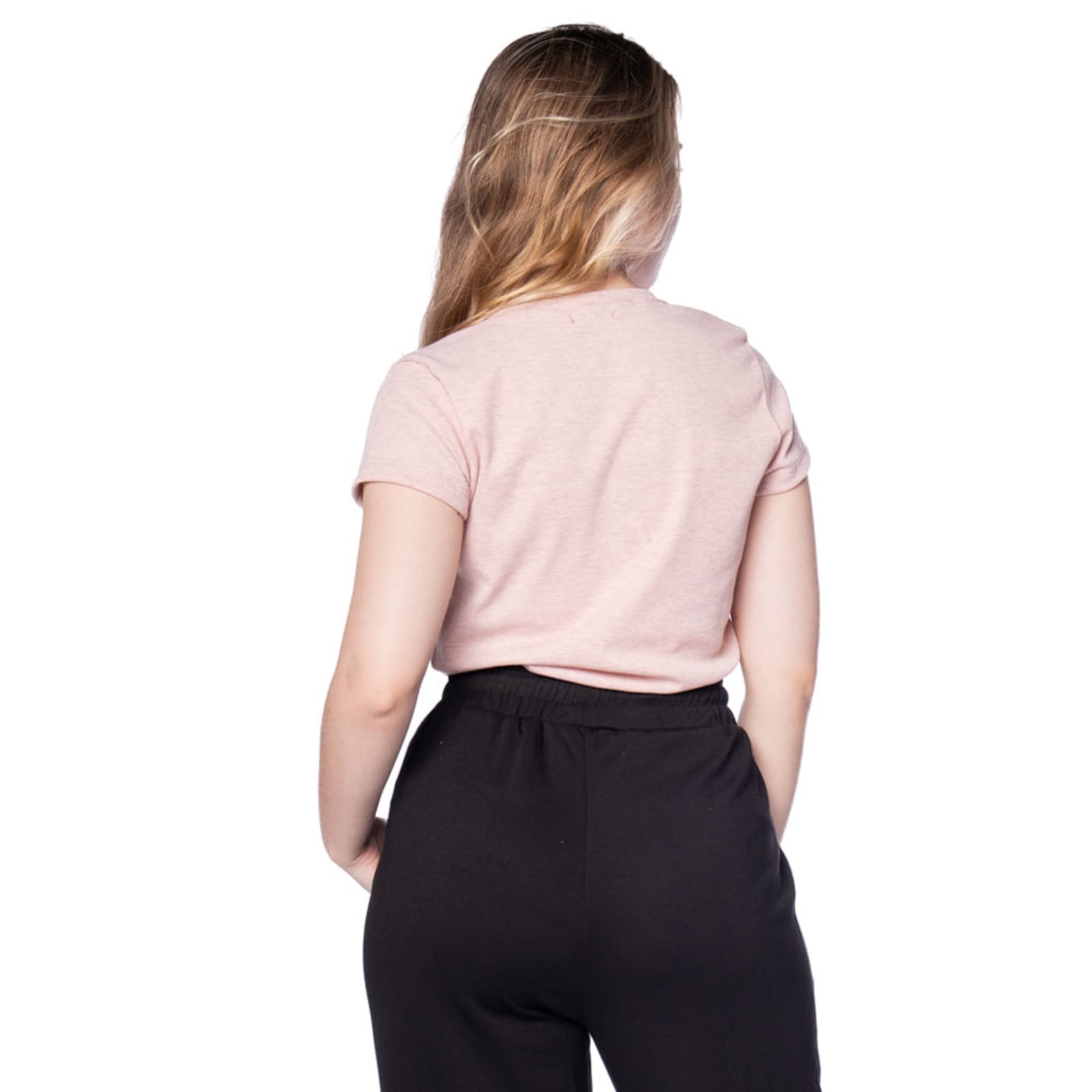 Vista 3 Blusa Feminina Giraffe Canelada Manga Curta Mescla rosa Giraffe rosa