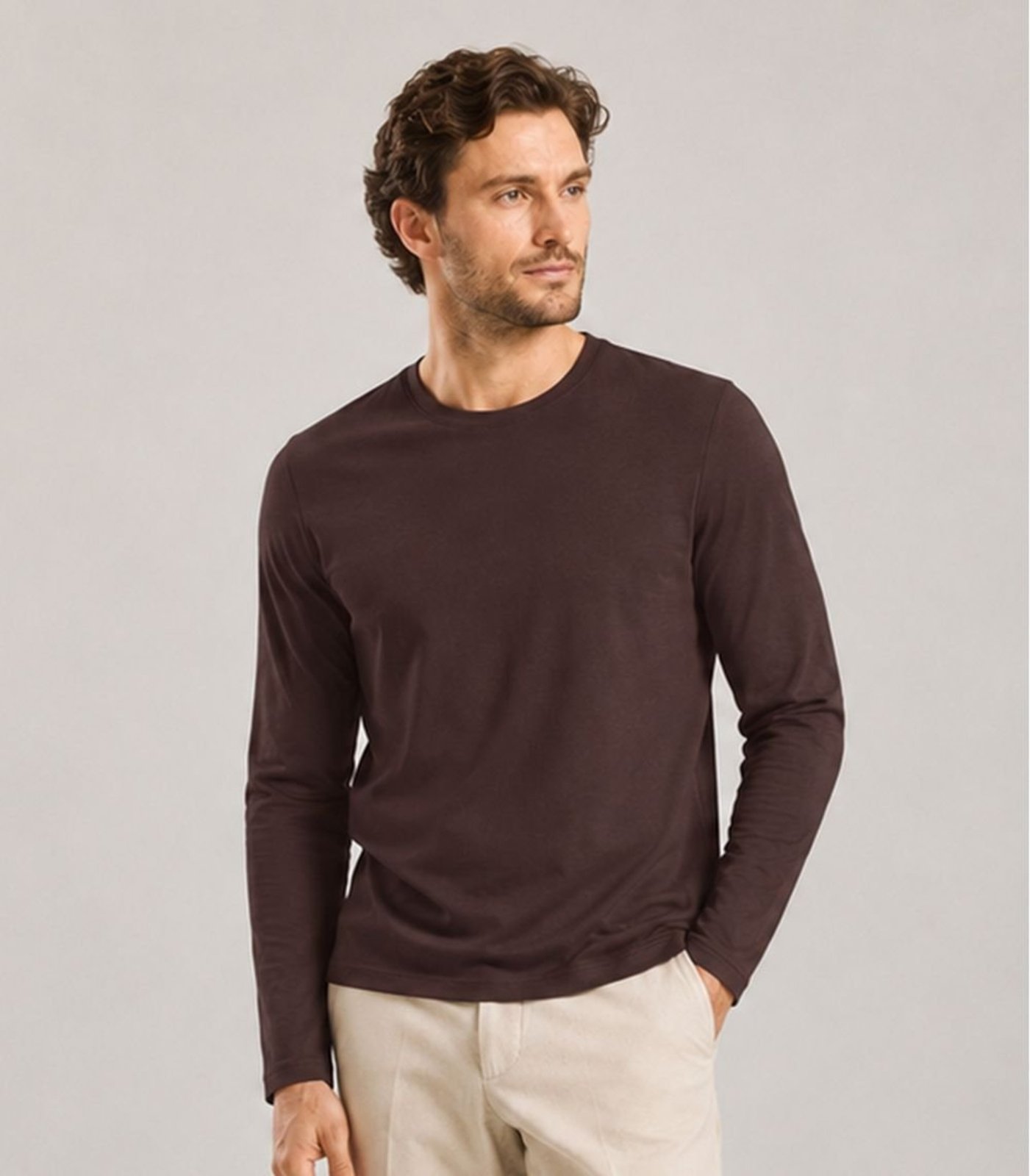 Camiseta Manga Longa Meia Malha Masculina Select Marrom
