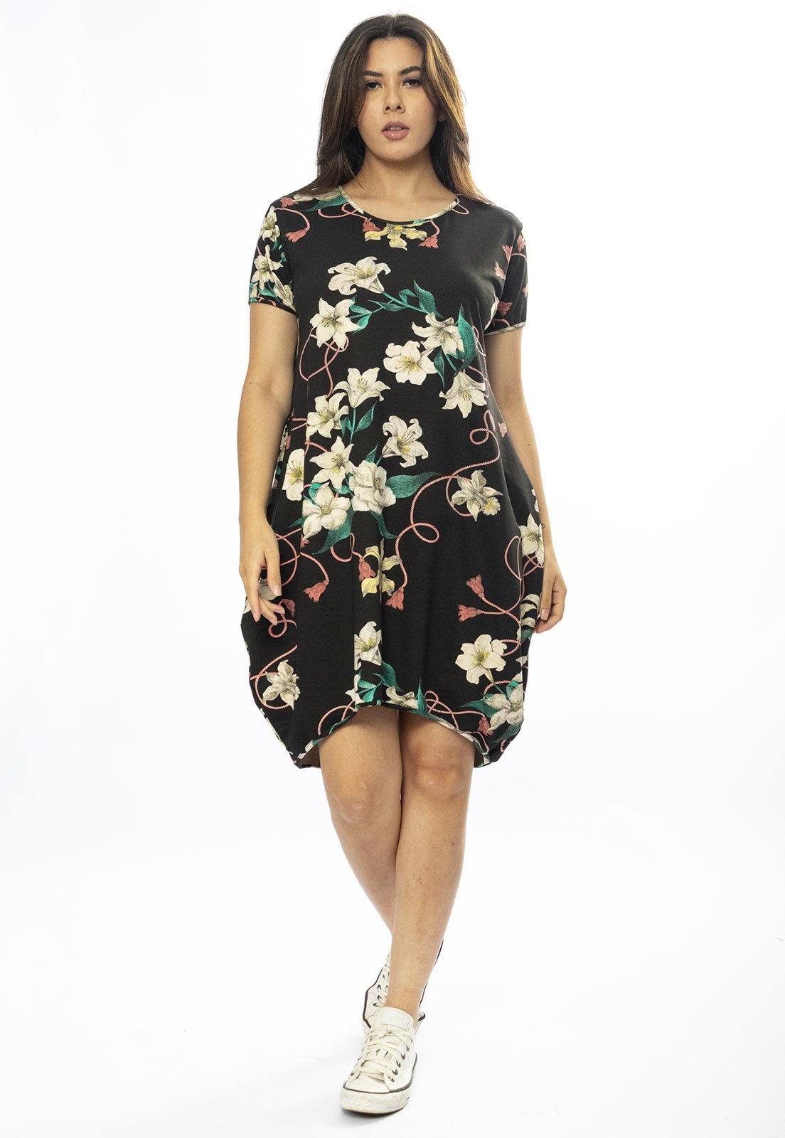 Vestido Curto Cabanafree Malha Amplo Always Estampa Flores Ébano