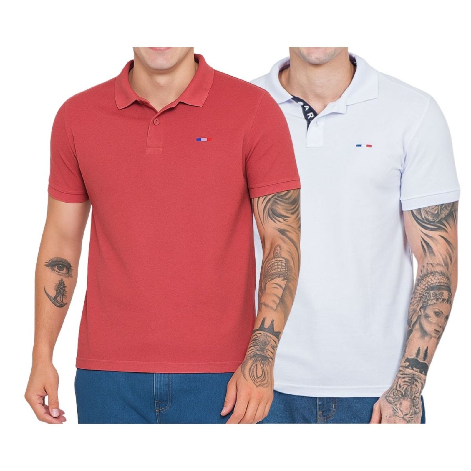 Vista 2 Kit 2 Polos Masculina Básicas FMF Bege Claro e Piquet no Estilo Tommy Bordado França azul FMF azul