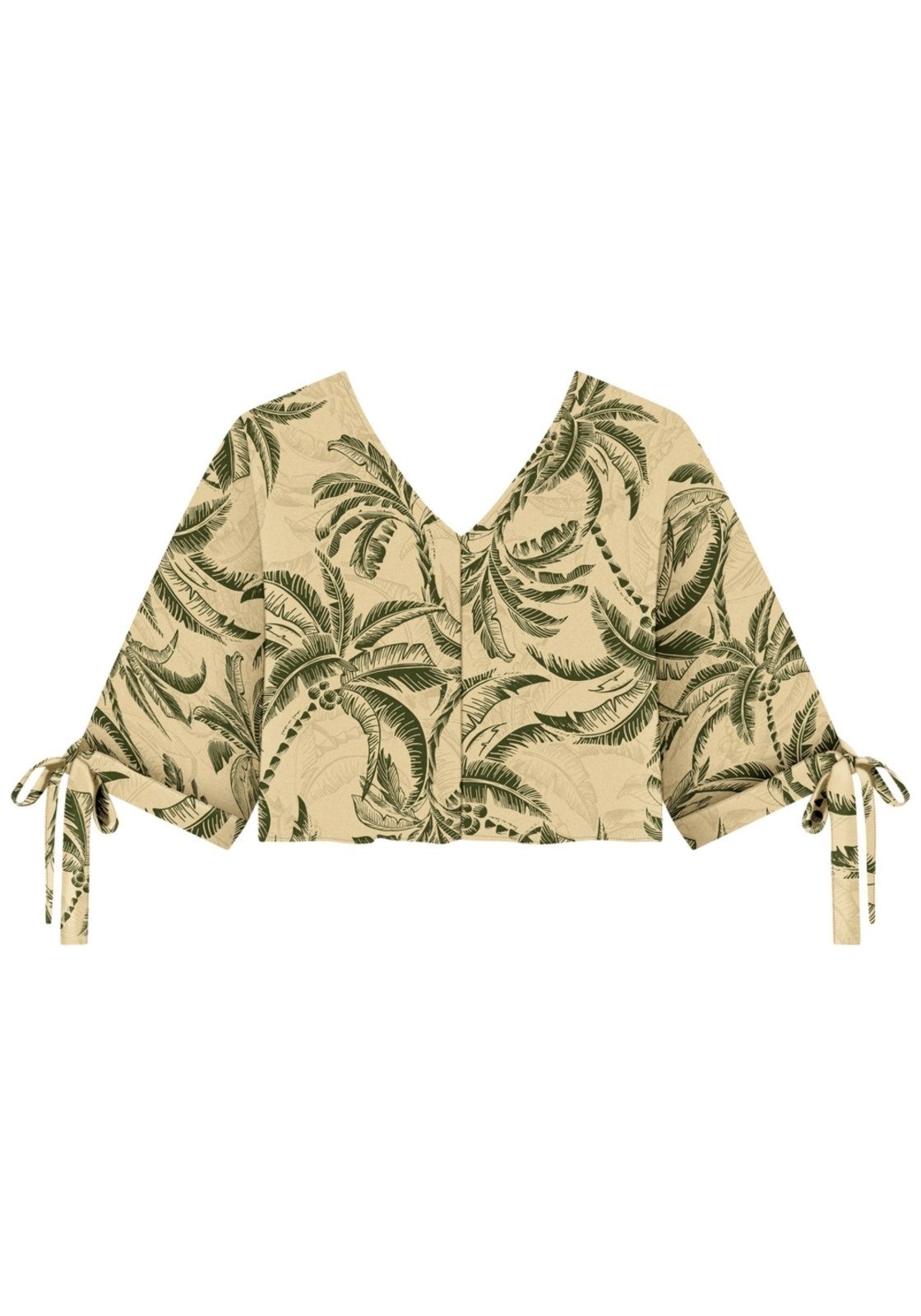 Blusa Curta Estampada Com Mangas 3/4 E Amarrações