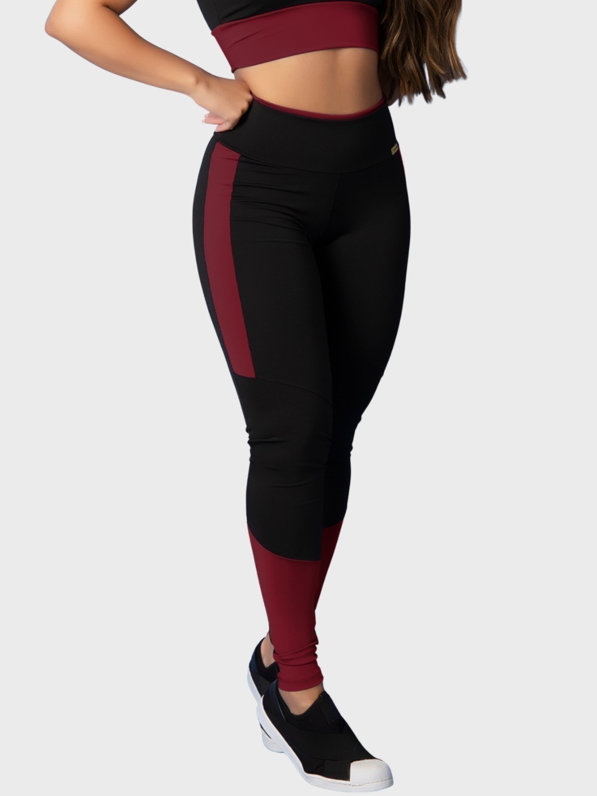 Calça Legging Fitness Tarelles Cintura Alta Preto e Bordô