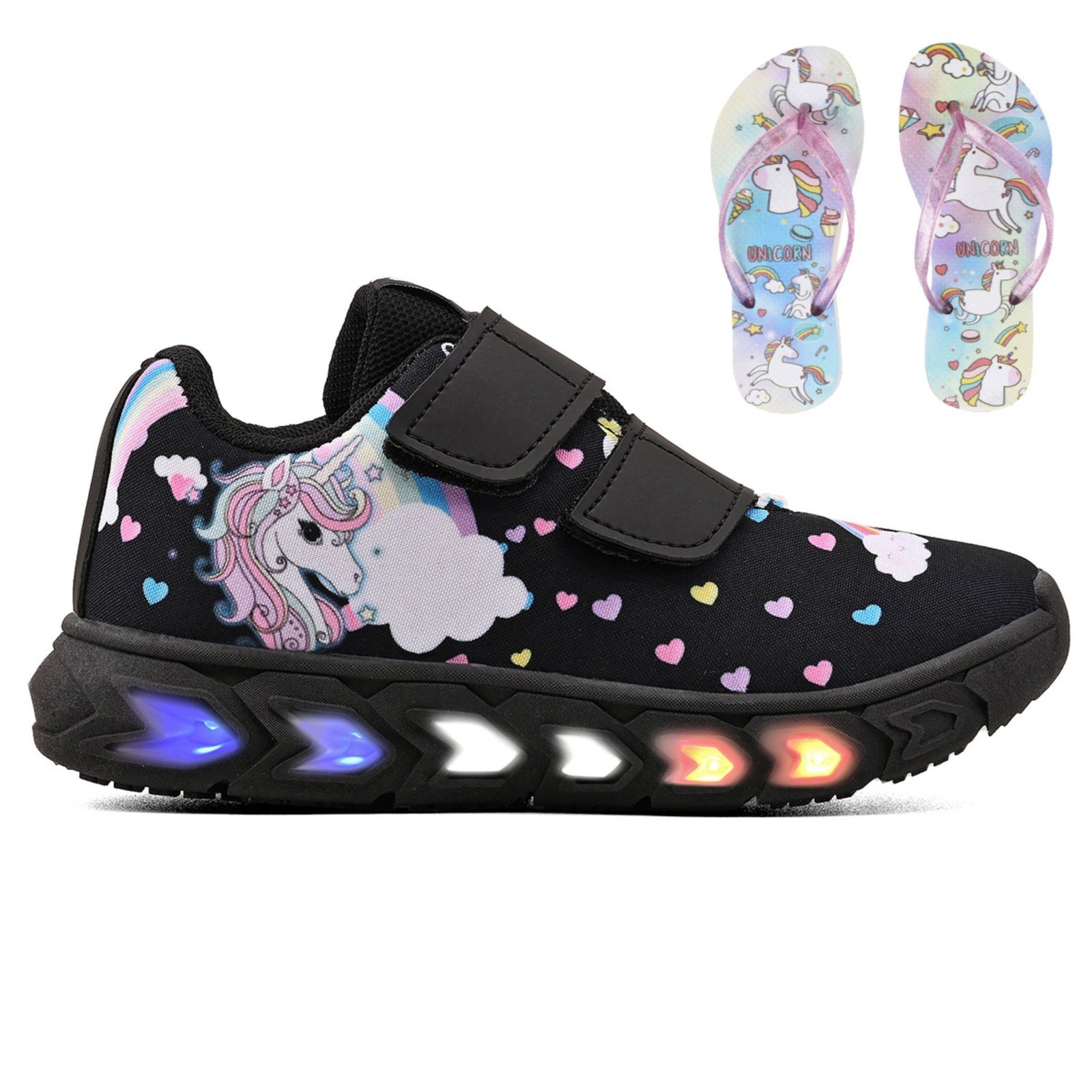 Infantil – Tenis de Led Meninas Casual Escolar Unicornio Preto + Chinelo