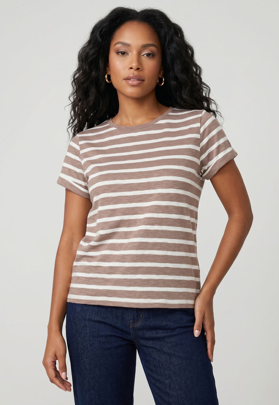 Camiseta Feminina Levis Margot Listrada Marrom