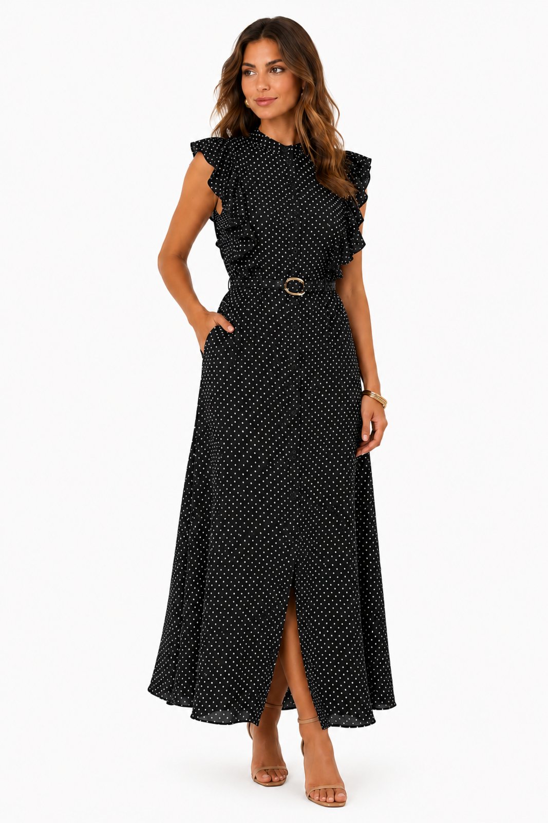 Vestido Longo D Bell Outlet Fashion Crepe Poá Preto