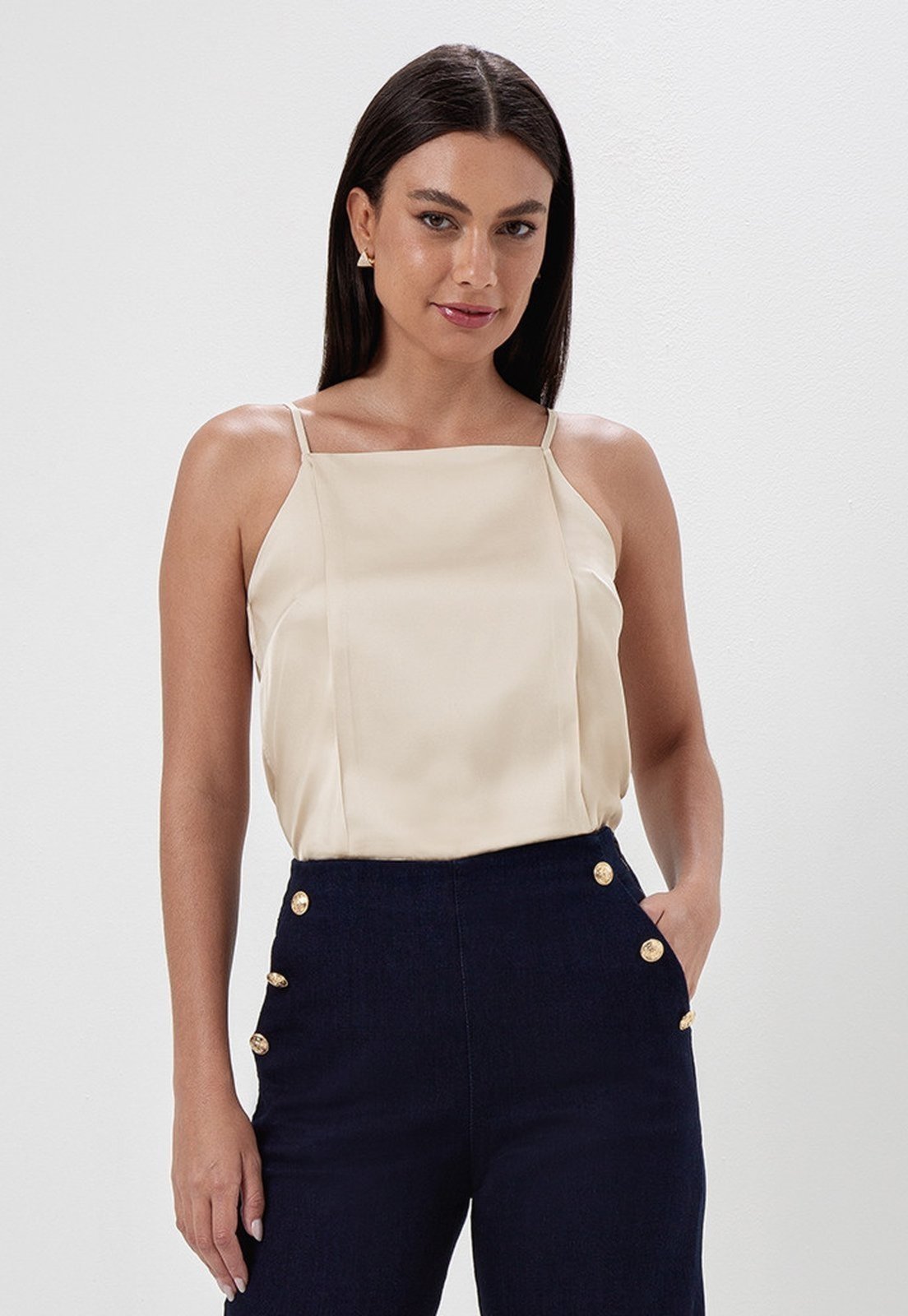 Blusa Principessa Cava Americana com Pregas Nude Samira