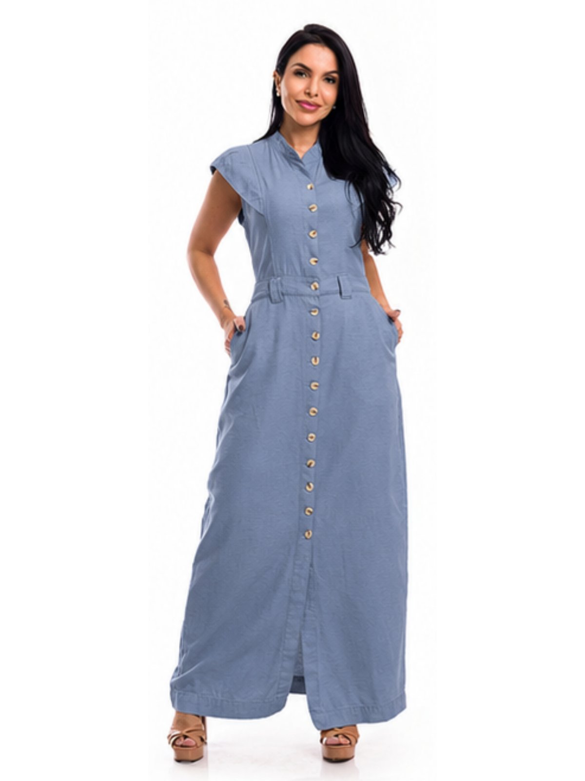 Vestido Longo de Linho Azul Premium Manga Curta com Botões - Azul