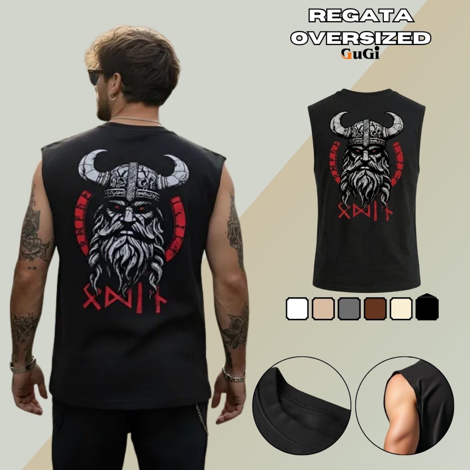 Camiseta Regata Masculina Oversized Estampada Medieval Nórdico Viking 100% Algodão Preto