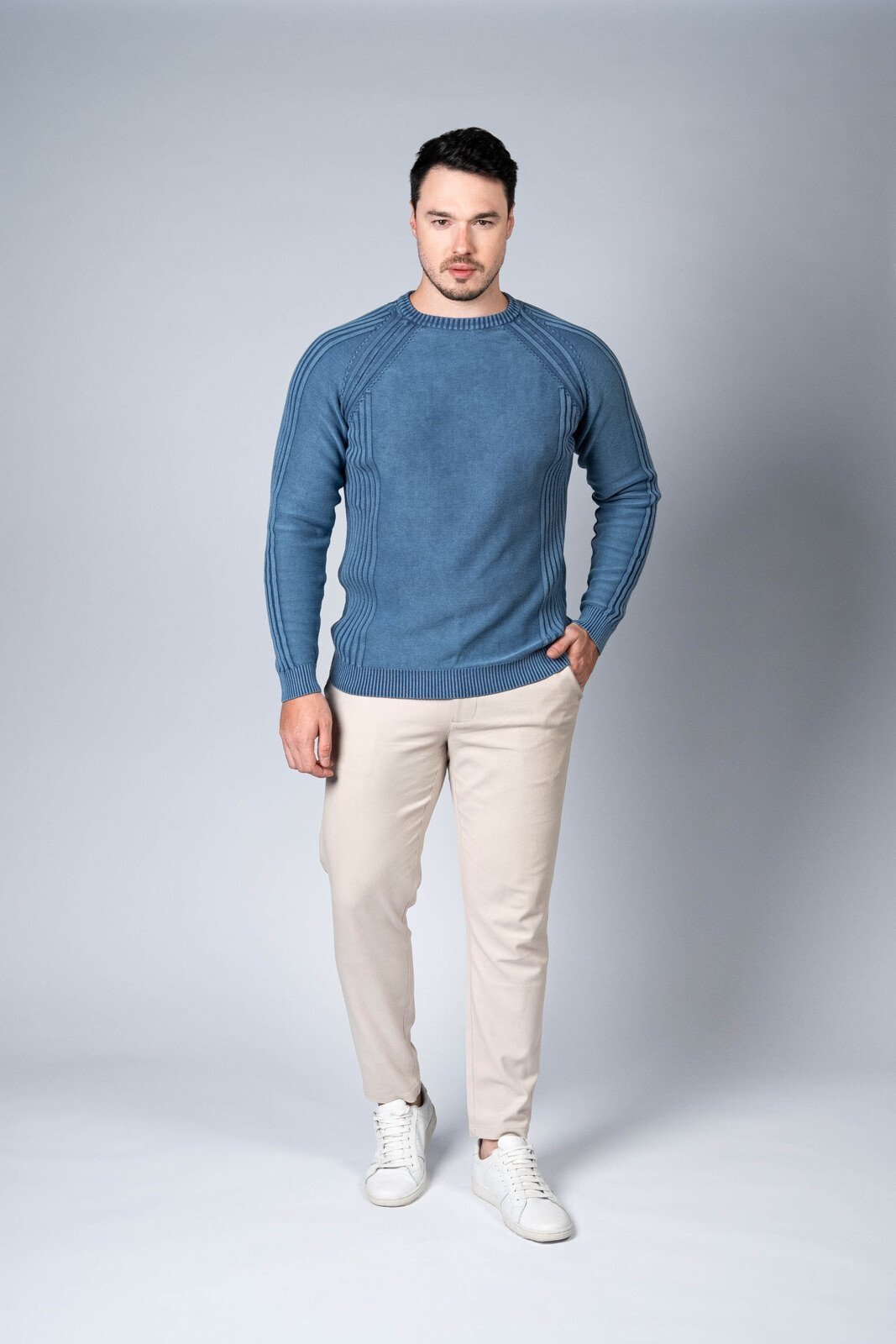 Blusão Tricô Algodão Raglan Azul Estonado