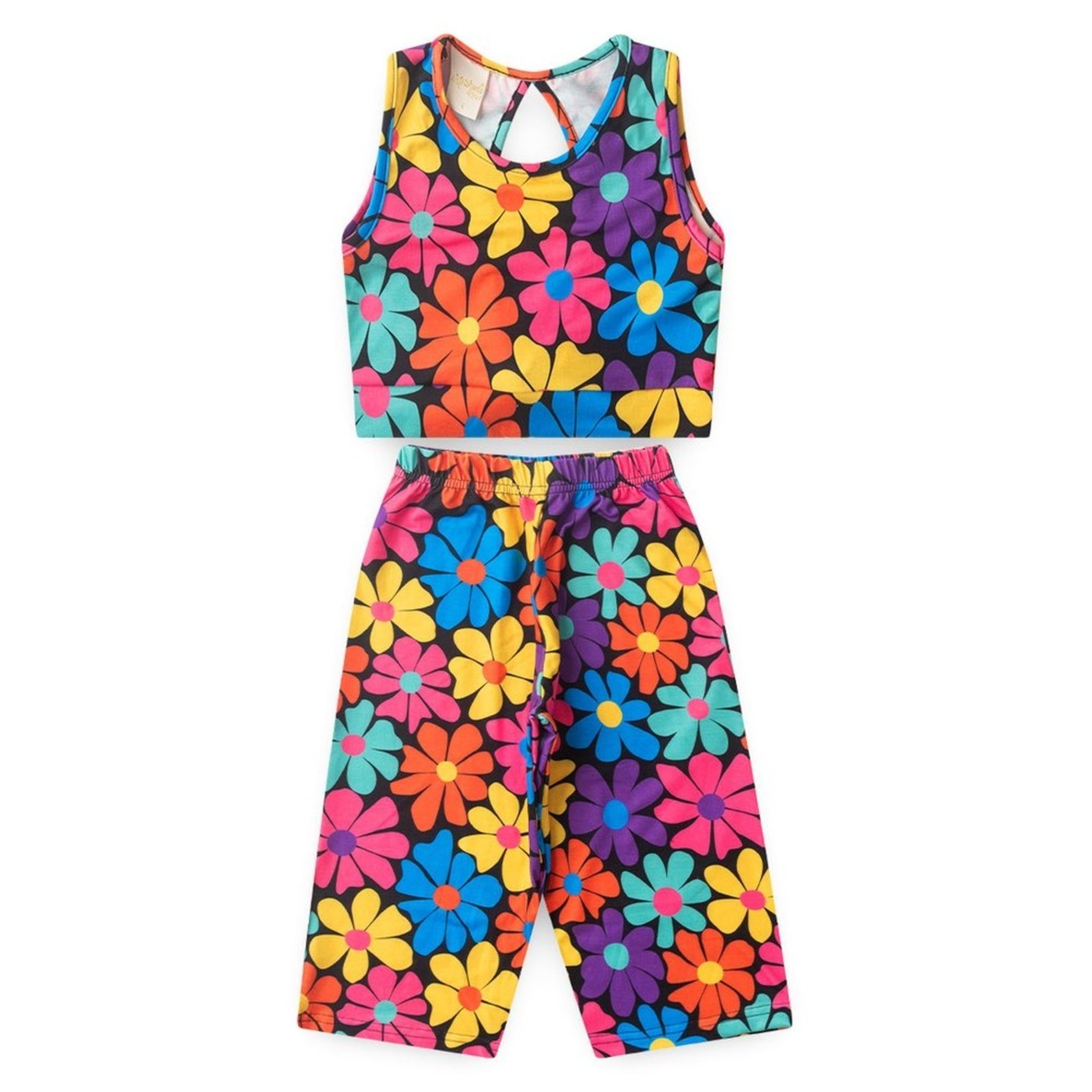 Vista 3 Infantil - Conjunto Molekada Verão Menina Cropped Com Amarração nas Costas e Calça Pantacourt Florido preto Molekada preto