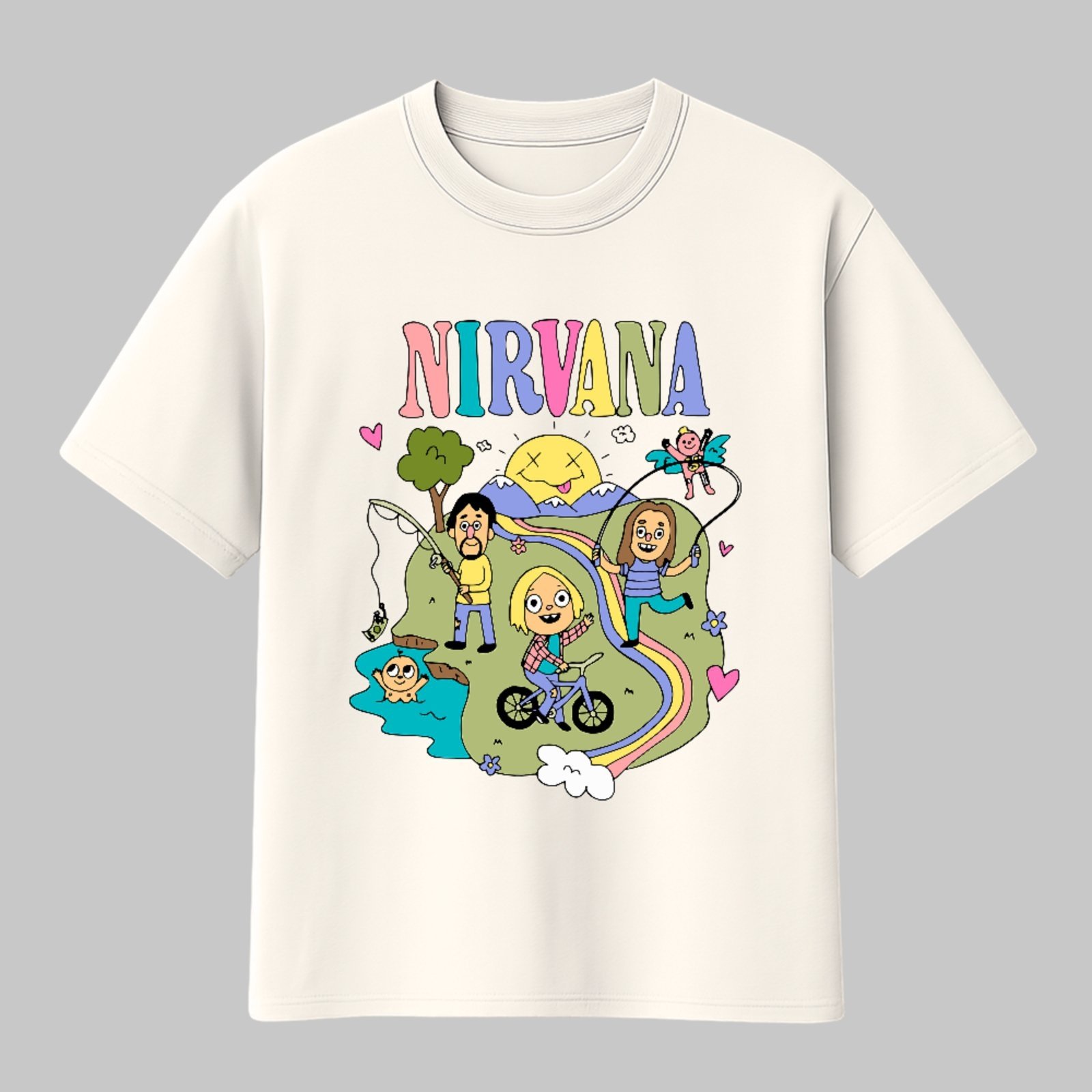 Camiseta Básica Nirvana Arte Cartoon Psicodélica Banda Rock Unissex Off White