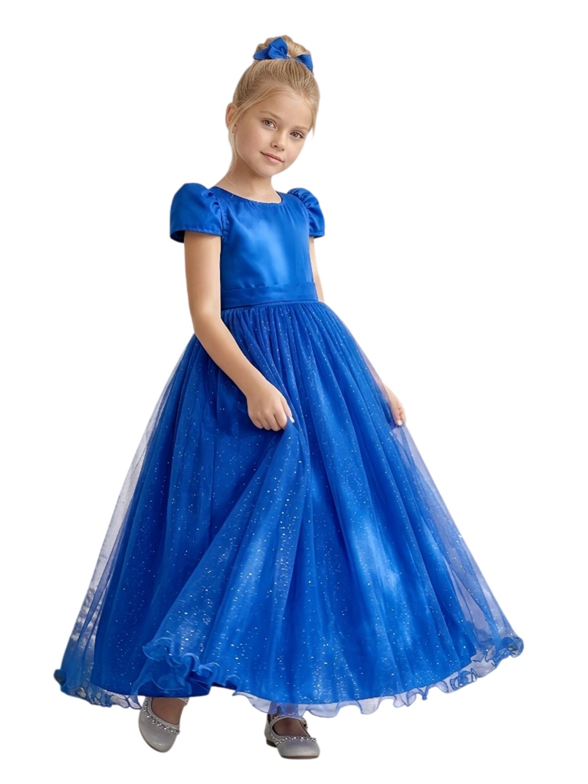 Infantil - Vestido Longo Menina Juvenil Festa Azul Cobalto Royal Brilho Formatura Casamento Juvenil Princesa Social Rodado Florista Dama Daminha Aniversário Luxo
