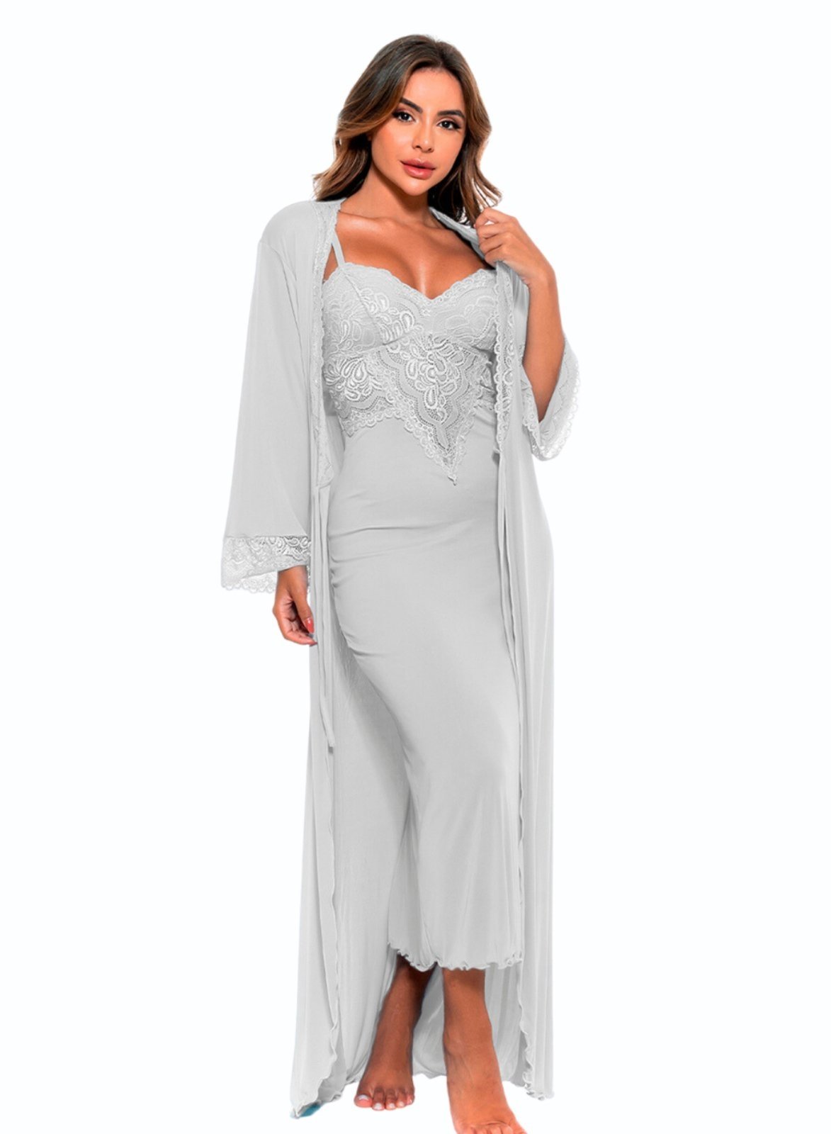 Robe Gabi Lingerie Longo Microfibra Rendado Branco