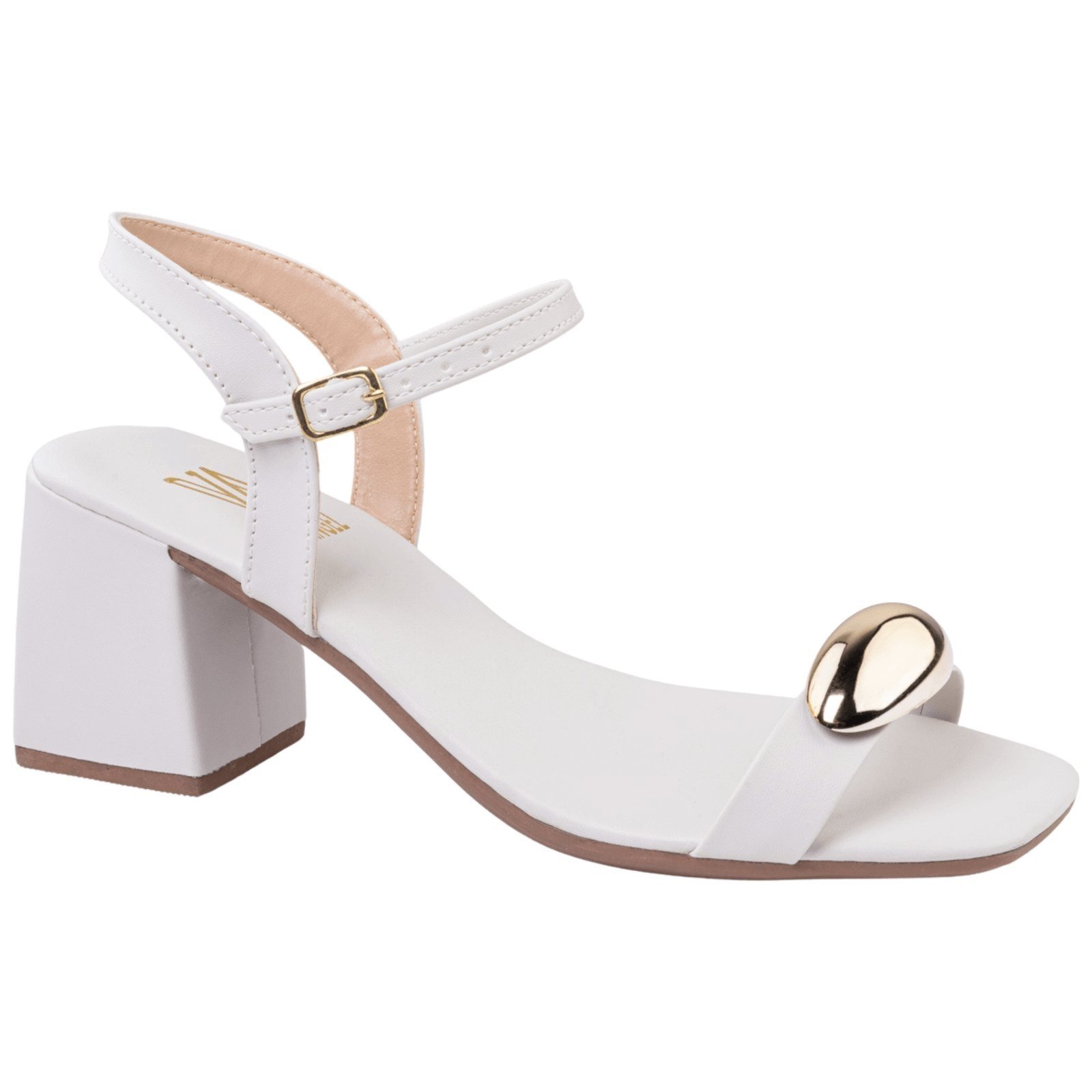 Sandália Feminina Salto Médio Quadrado Enfeite Dourado Delicada Versátil Elegante Confortável Via Angel 8602 Off White