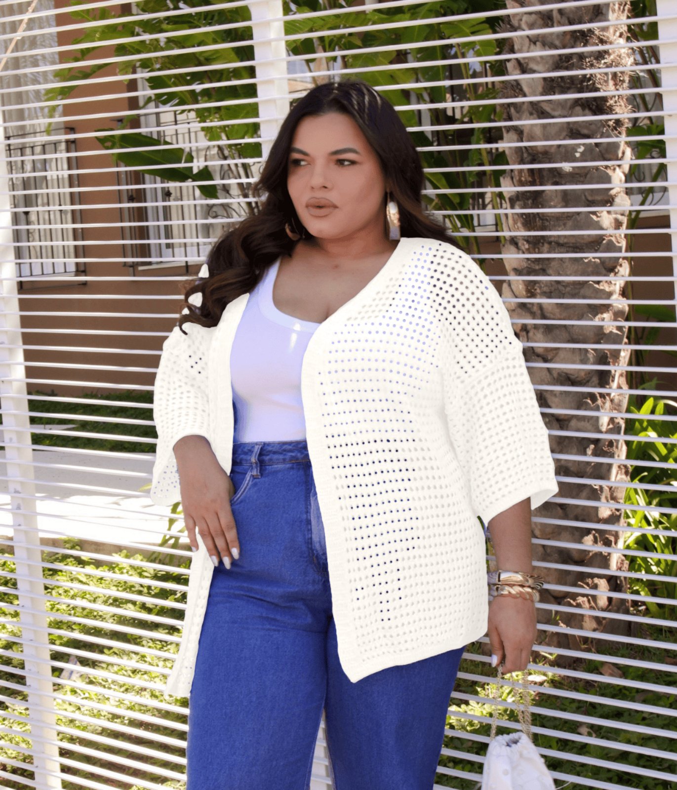 Casaco Cherry Line Kimono Vazado Plus Size Aberto Leve Manga Três Quartos Verão Tricot Off White