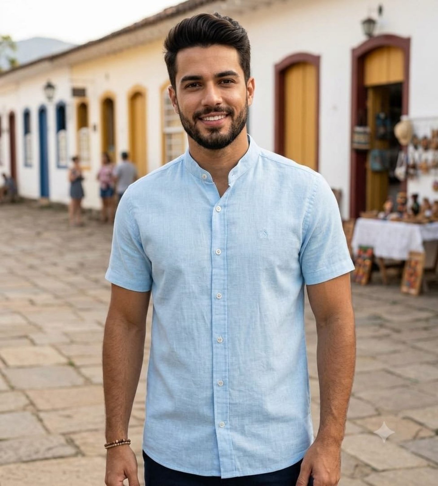 Camisa Amil Gola Padre ALogdão Estilo Casual com Linho Macia Manga Curta Azul