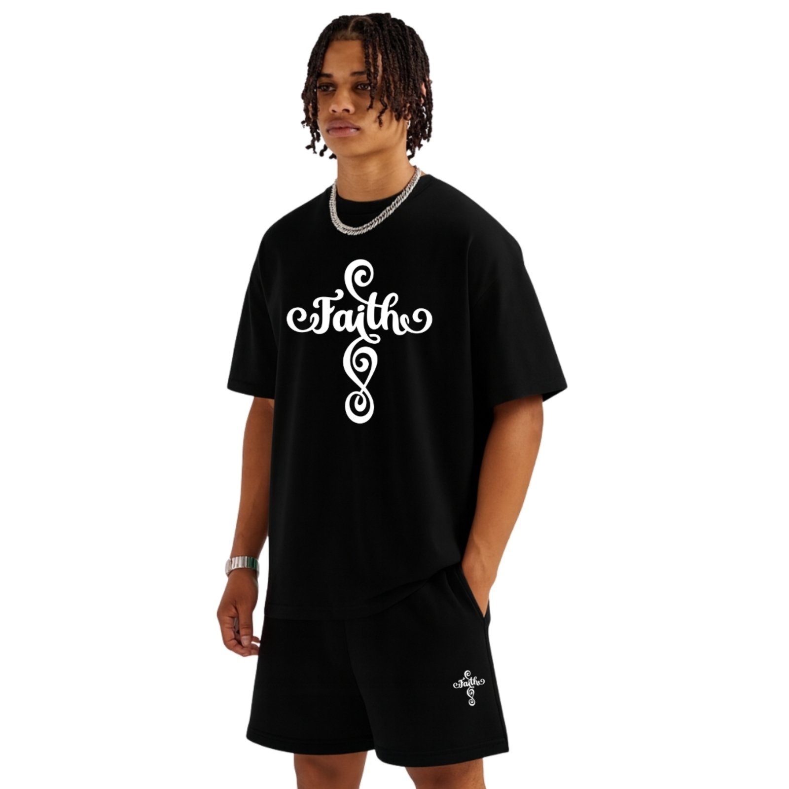 Conjunto Camiseta Oversized e Bermuda Moletinho Estampado Faith