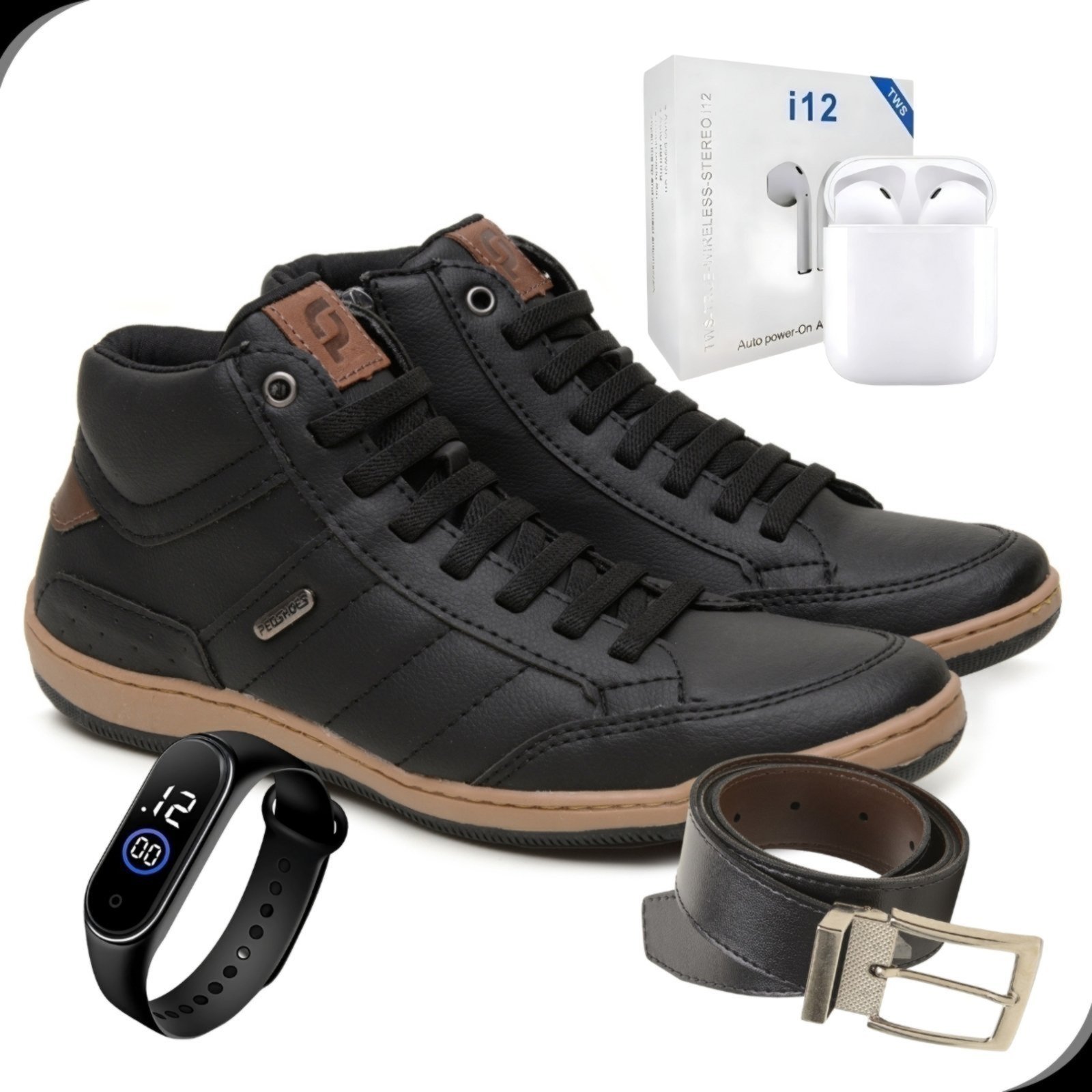 Sapatenis Masculino Botinha Casual Cano Médio Rovetto Com Cinto Dupla Face Fone Sem Fio e Relógio
