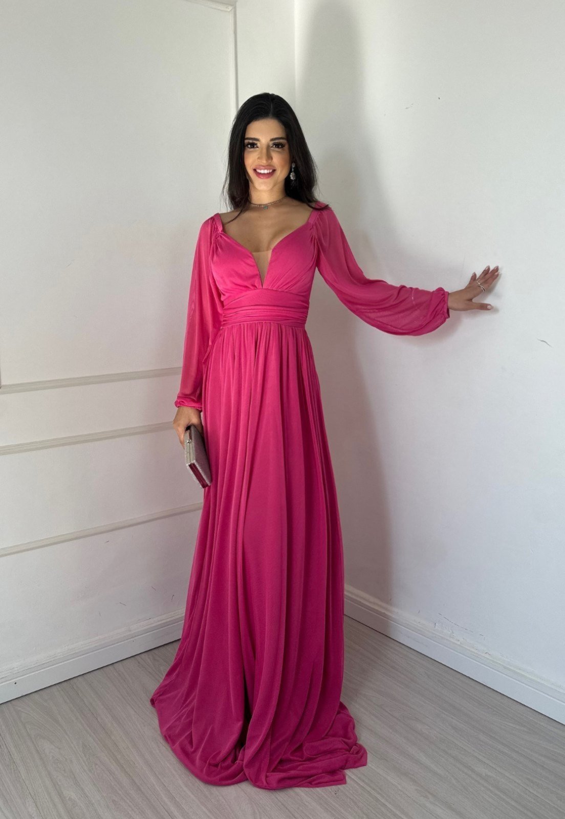 Vestido Longo Manga Longa Micro Tule Fernanda Para Festa, Madrinhas, Convidadas E Formandas Pink