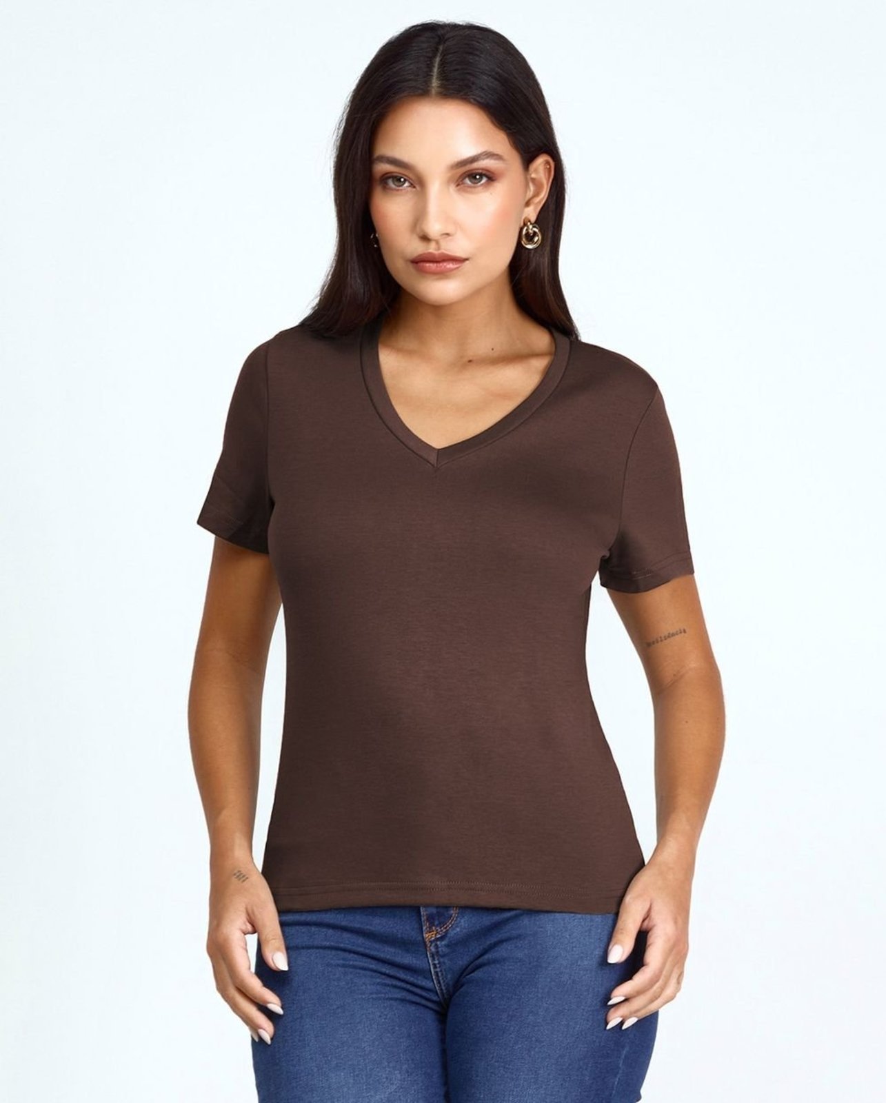Baby Look Gola em V Feminina Premium 90296 Marrom Consciência