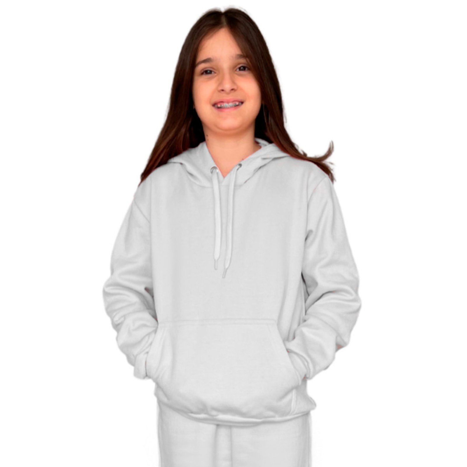 Infantil - Blusa Moletom Bolso Canguru e Capuz Juvenil Branco Aliarthe