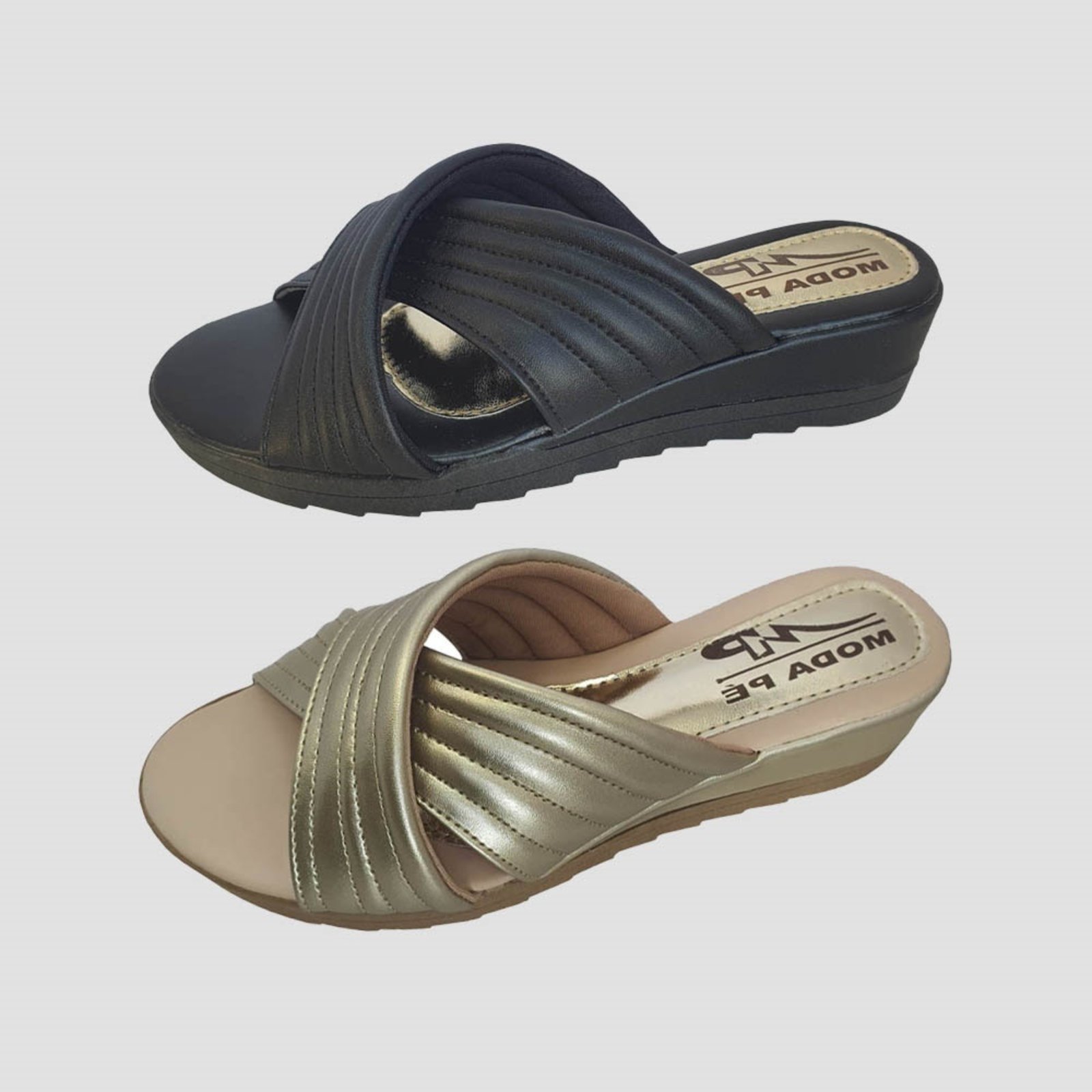 Kit 2 Pares Sandália Tamanco Feminino Anabela Conforto Moda Pé Preto/Dourado
