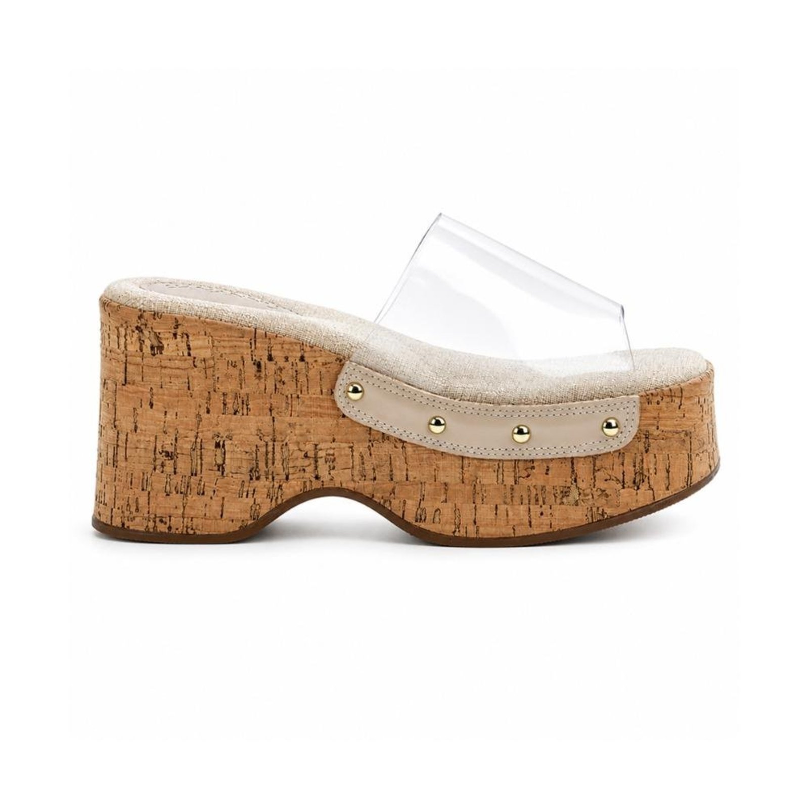 Celina - Tamanco Feminino Plataforma Clog Cortiça com Vinil Transparente Damannu Bege