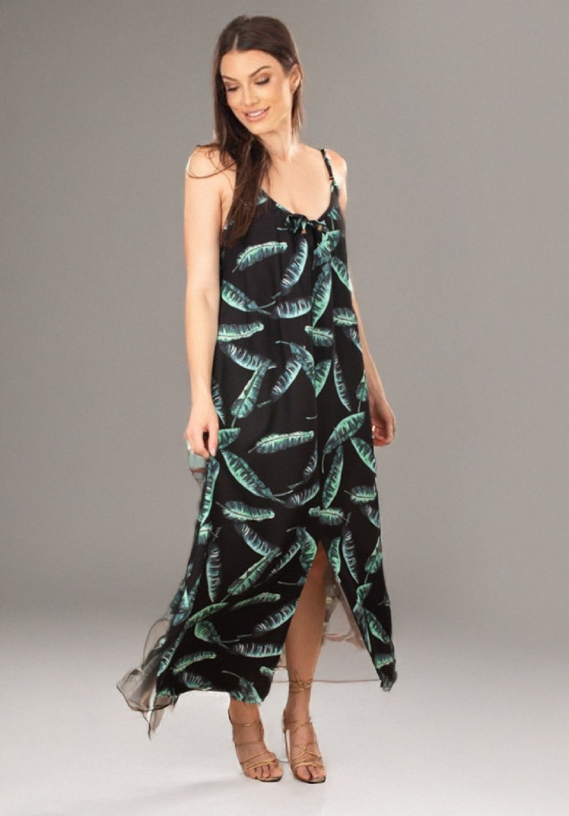 Vestido Longo Amazonia Vital Plano Estampa Jardim das Folhas