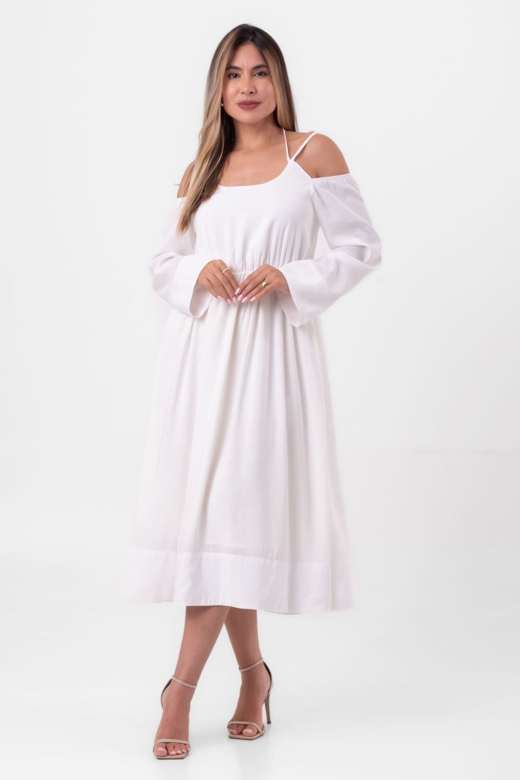 Vestido viscose midi amarração decote off white labrava