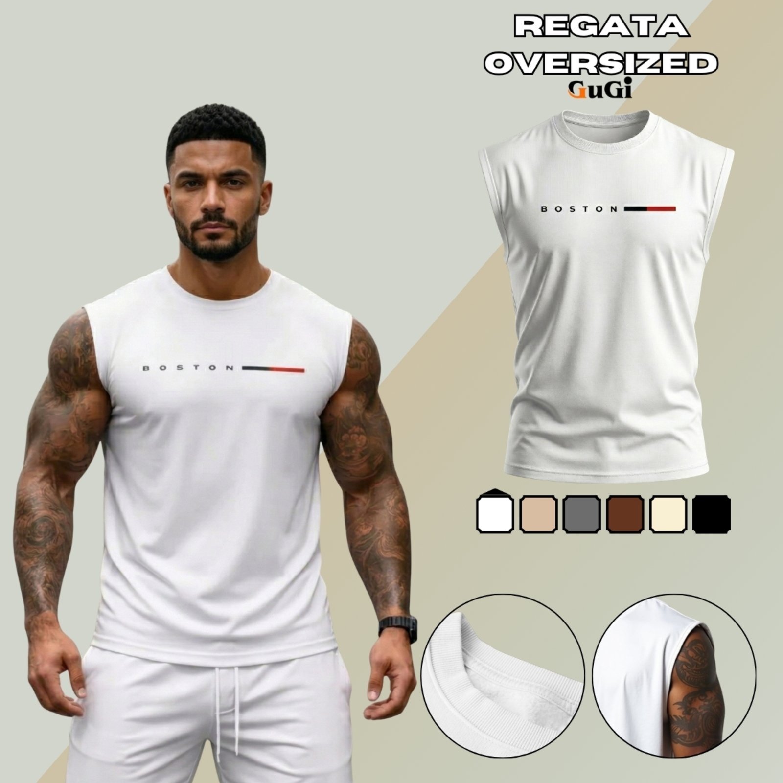 Regata Machão Masculina 100% Algodão Estampa Boston Muscle Fit Cáqui