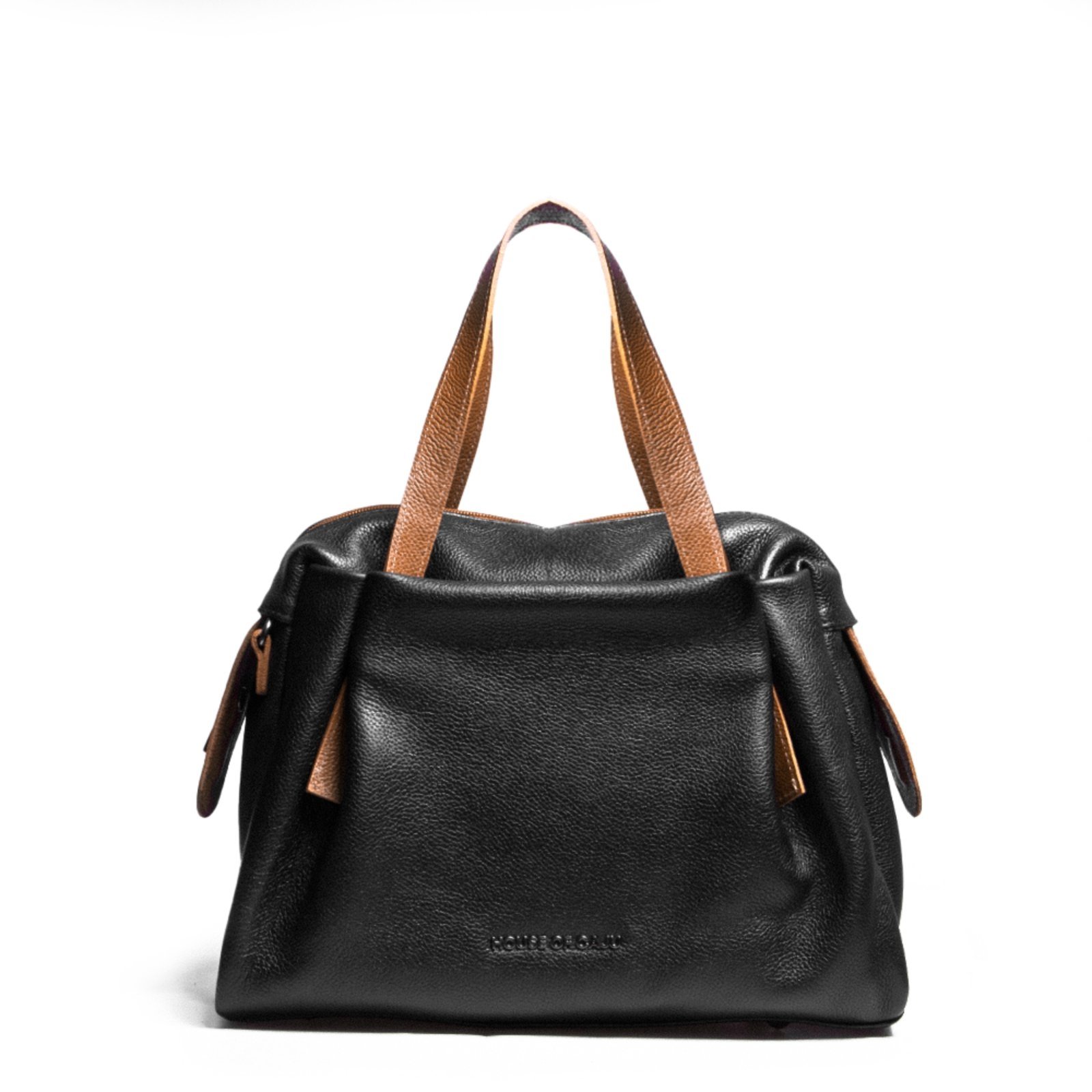 BOLSA FEMININA EM COURO ALÇA DE MÁO PRETA COM CARAMELO “MAITÊ MAFRA”””