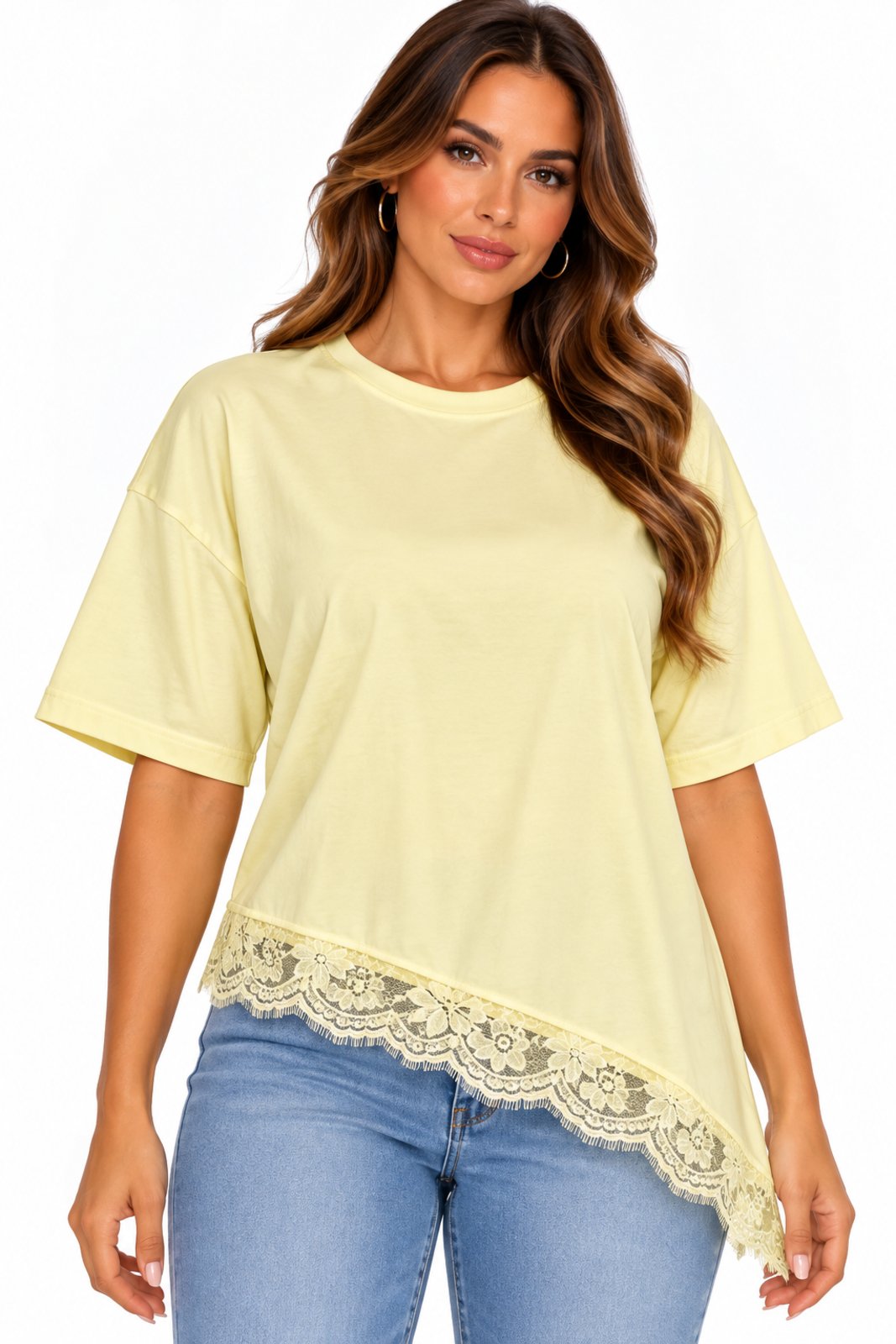 Blusa Feminina D Bell Outlet Fashion Barra Assimétrica Renda Amarelo Manteiga