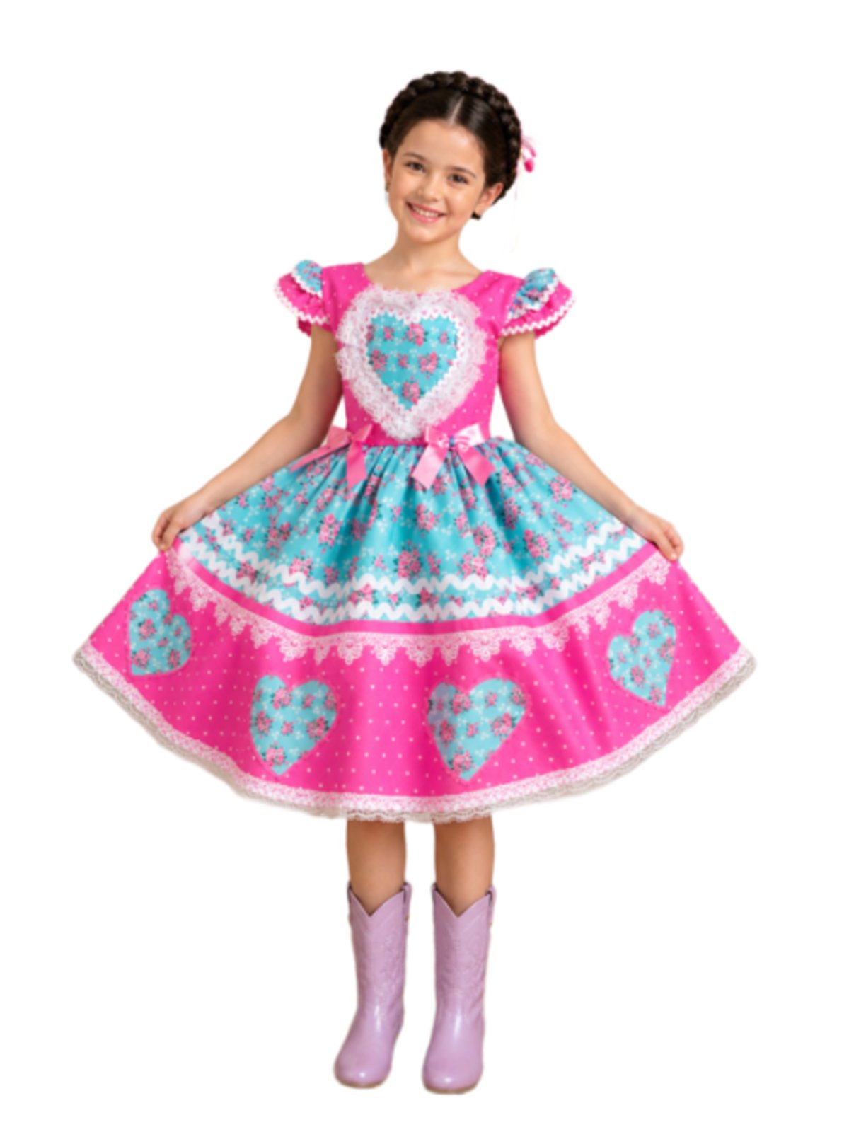 Infantil - Vestido Festa Rosa Verde Coração Flores Babados Junino Fazenda Caipira Quadrilha São João