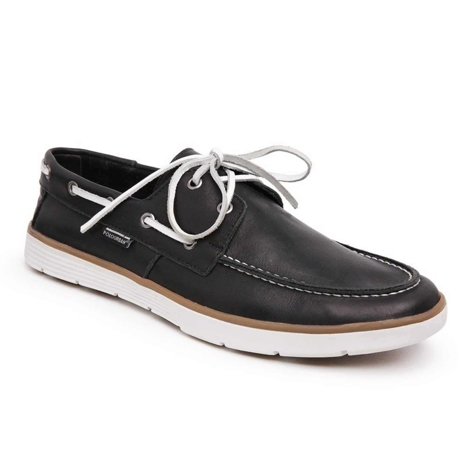 Mocassim Dockside Masculino Couro Legítimo Miuzzi Flat Baixo Amarração Em Cadarço Leve Cor Preto