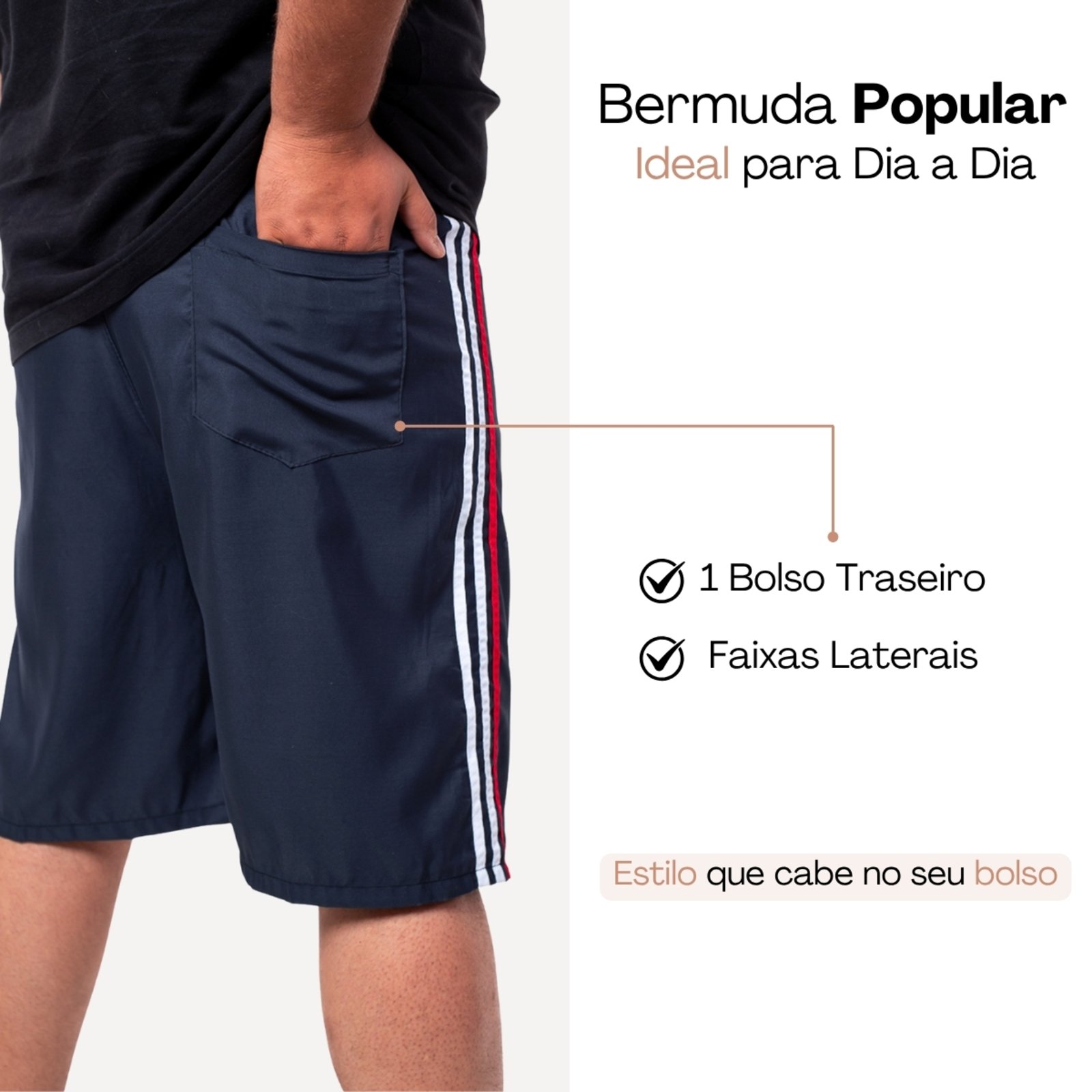 Vista 3 Bermuda Plus Size Frent's Listra Lateral Popular Treino Casual Esporte azul/azul marinho Frent's azul/azul marinho