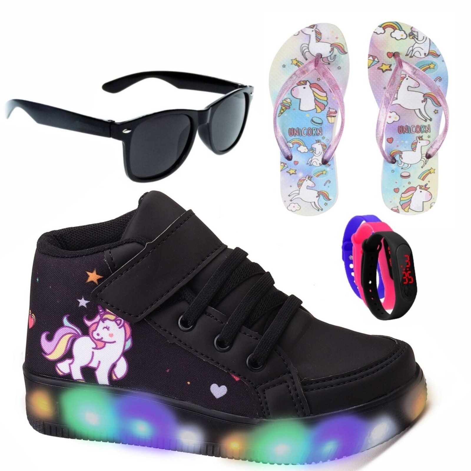 Infantil – Kit Tênis De Led Botinha Unicornio Preto Meninas Chinelo Óculos Relógio