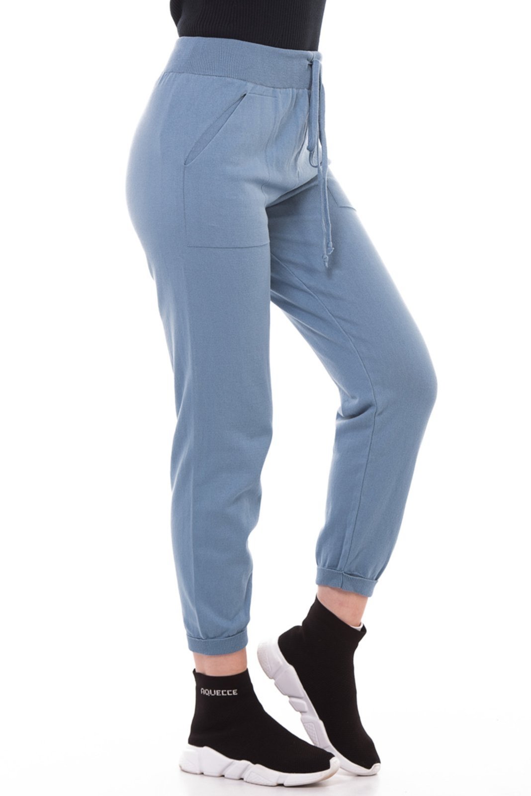 Calça Tricô Algodão Shirley Malhas Jogger Azul