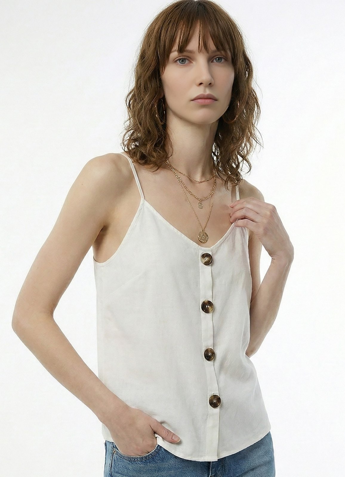 Vista 2 Regata Branca em Viscose com Botões Sob branco SOB branco