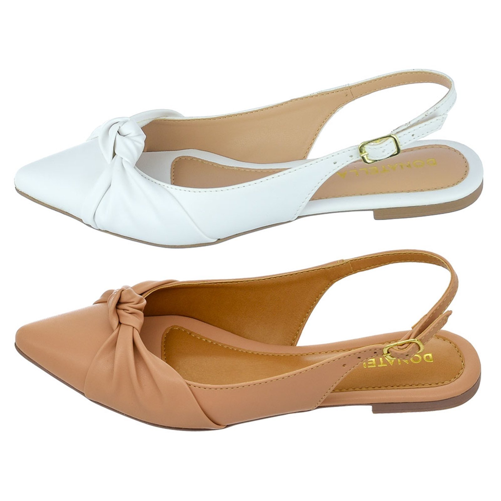 Kit 2 Pares Mule Feminino Sapatilha Bico Fino Donatella Shoes Rasteira Slingback Nó Nude e Branco