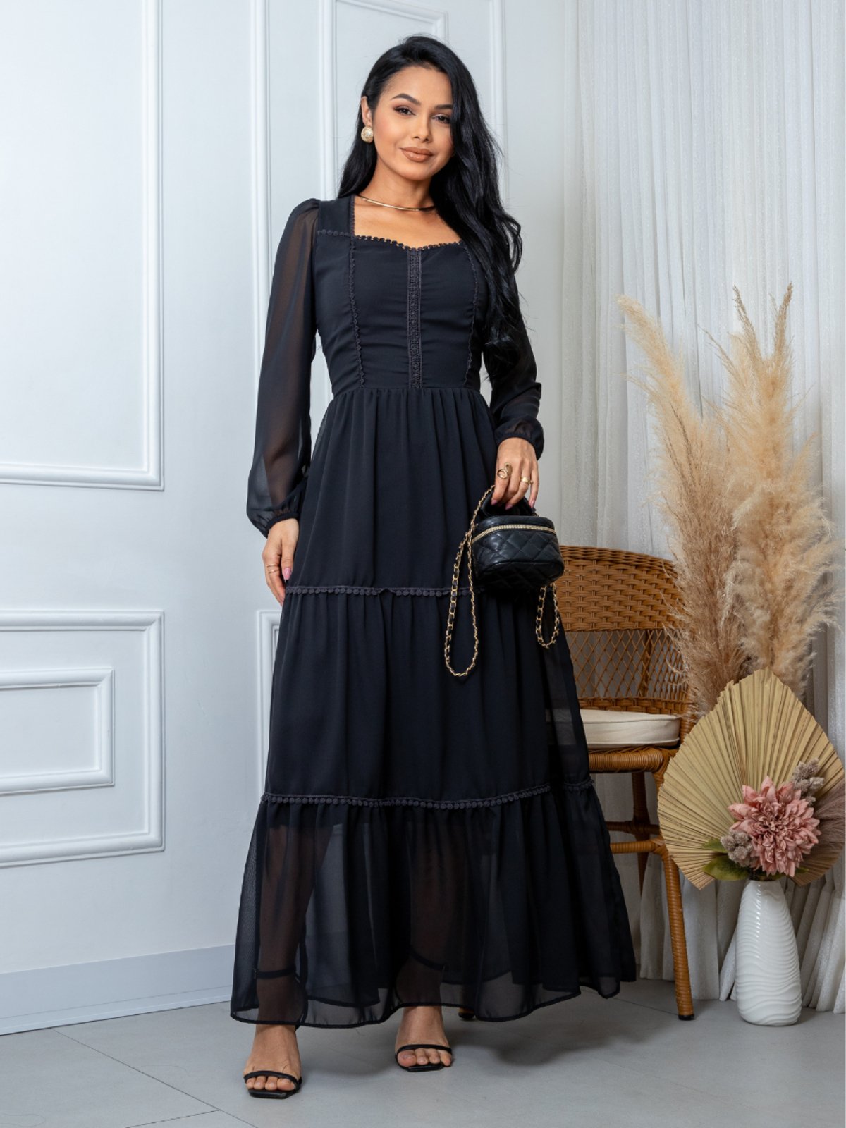 Vestido Longo Feminino Elegante Decote Quadrado Festa Convidada Manga Longa Preto