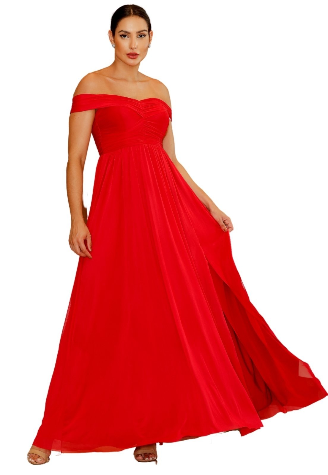 Vestido Festa Longo Pauliny Micro Tule Vermelho para Convidas de Casamento, Madrinhas e Formandas