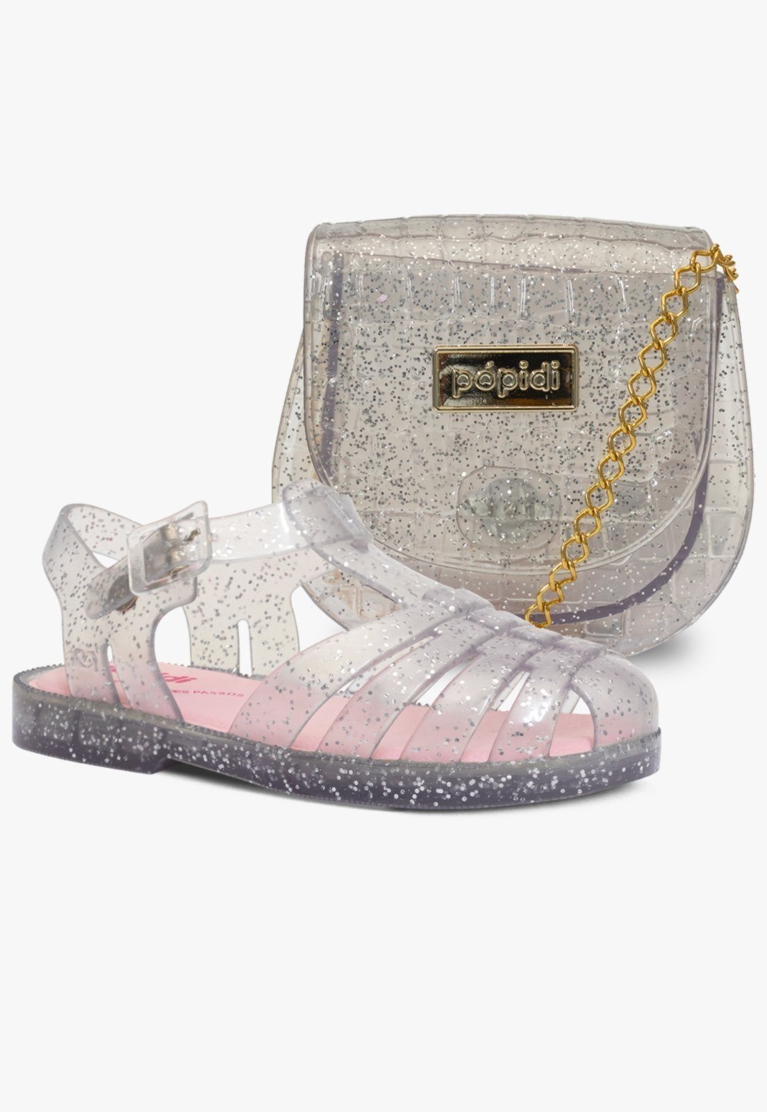 Infantil - Kit Bolsa e Sandália Feminina Pópidi Menina Glitter Prata