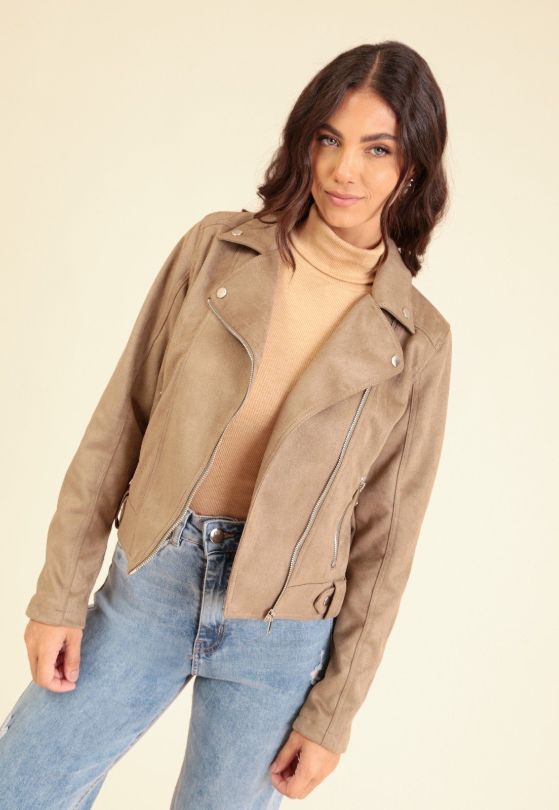 Jaqueta Biker Pop Me Em Suede Com ZÍper E Bolso Verde Militar