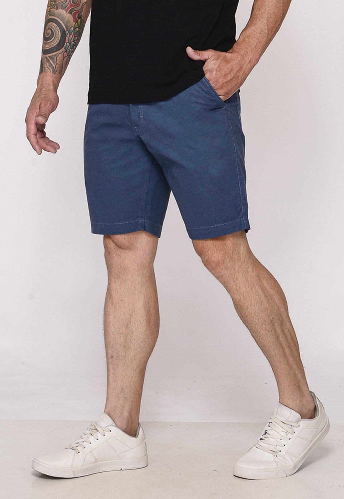 Bermuda Masculina Sarja Chino Casual Confortável Algodão Bolso-Faca Petroleo
