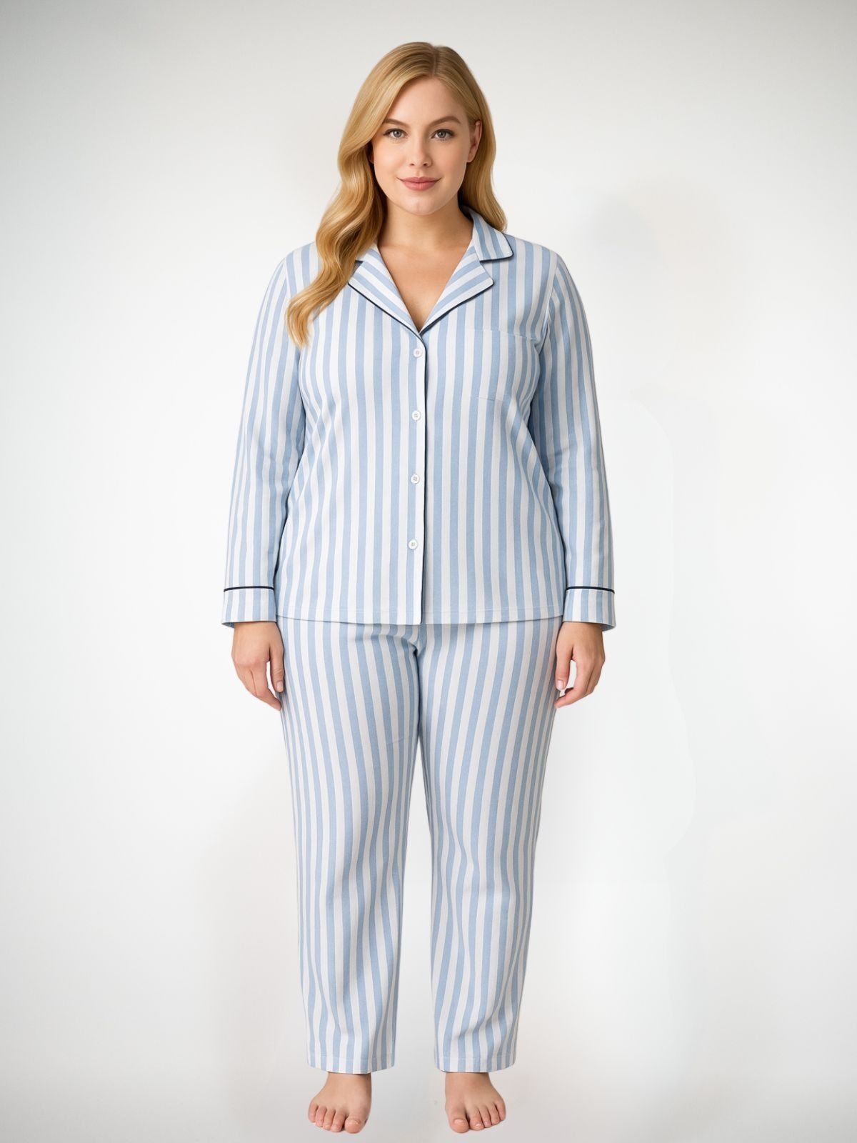 Pijama Algodão Plus Size Americano Longo Amanda – Listrado Azul