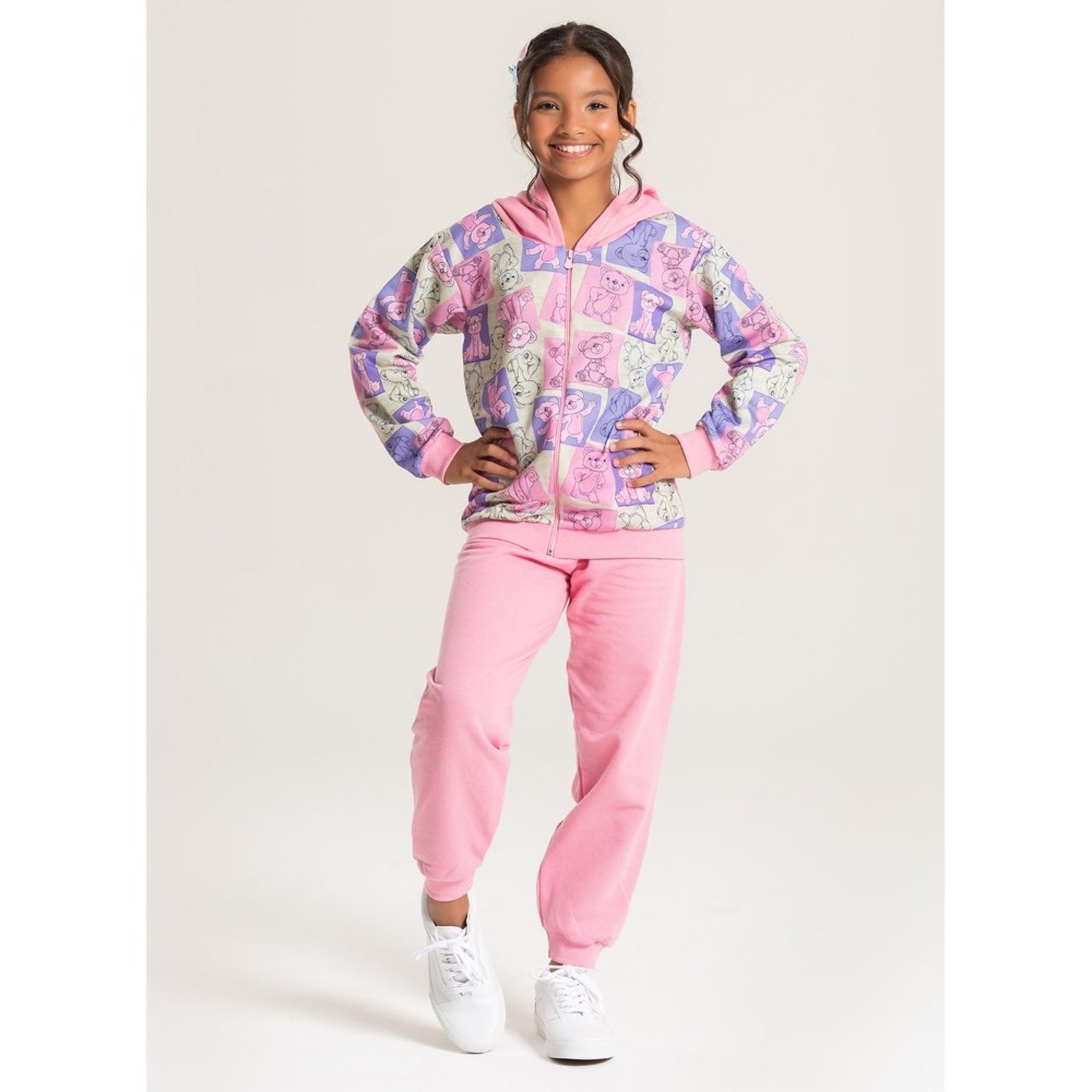 Infantil – Conjunto Inverno Menina Rosa Jaqueta Com Capuz e Calça em Moletom Ursinho